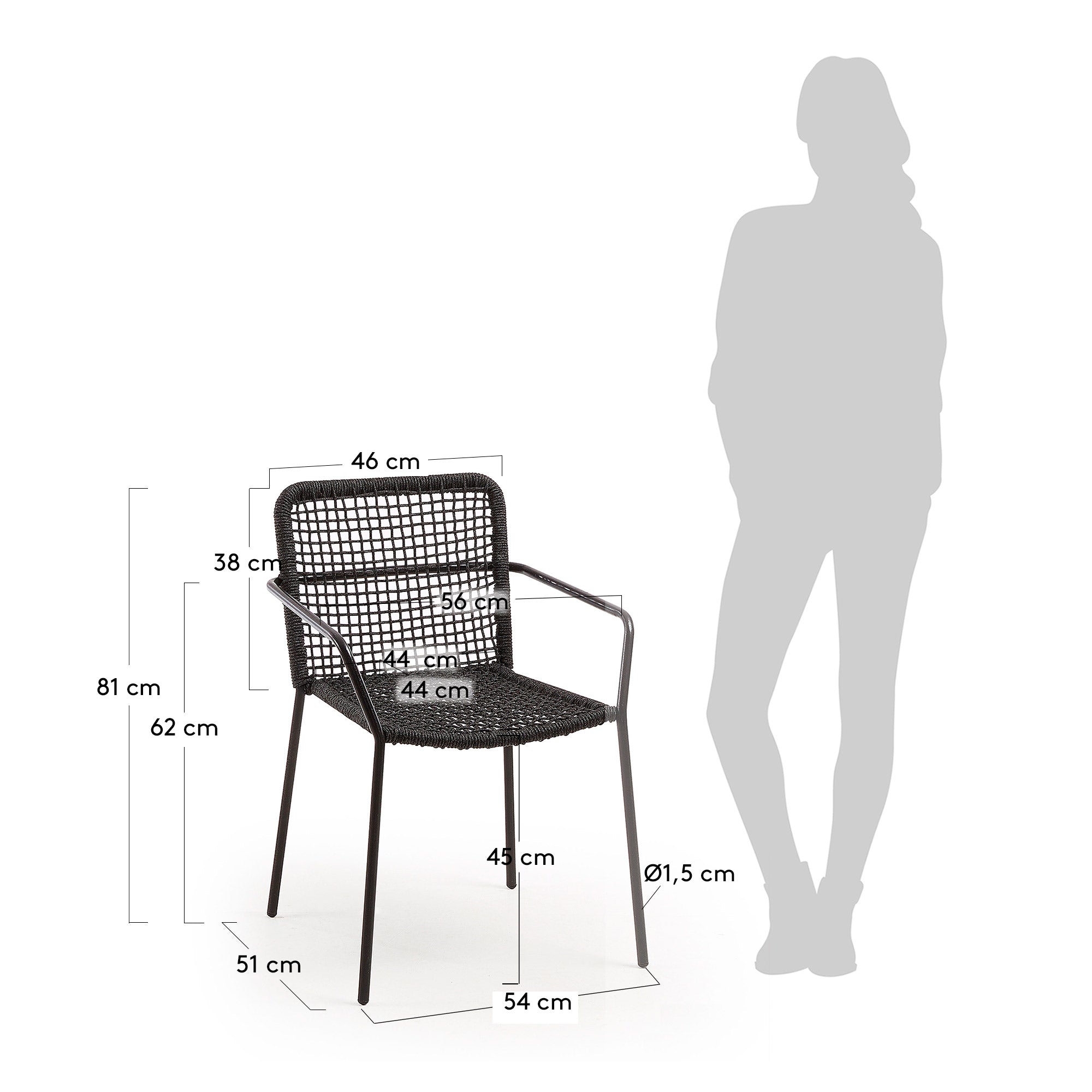 Ellen stackable chair in black cord with galvanised steel - Measurements