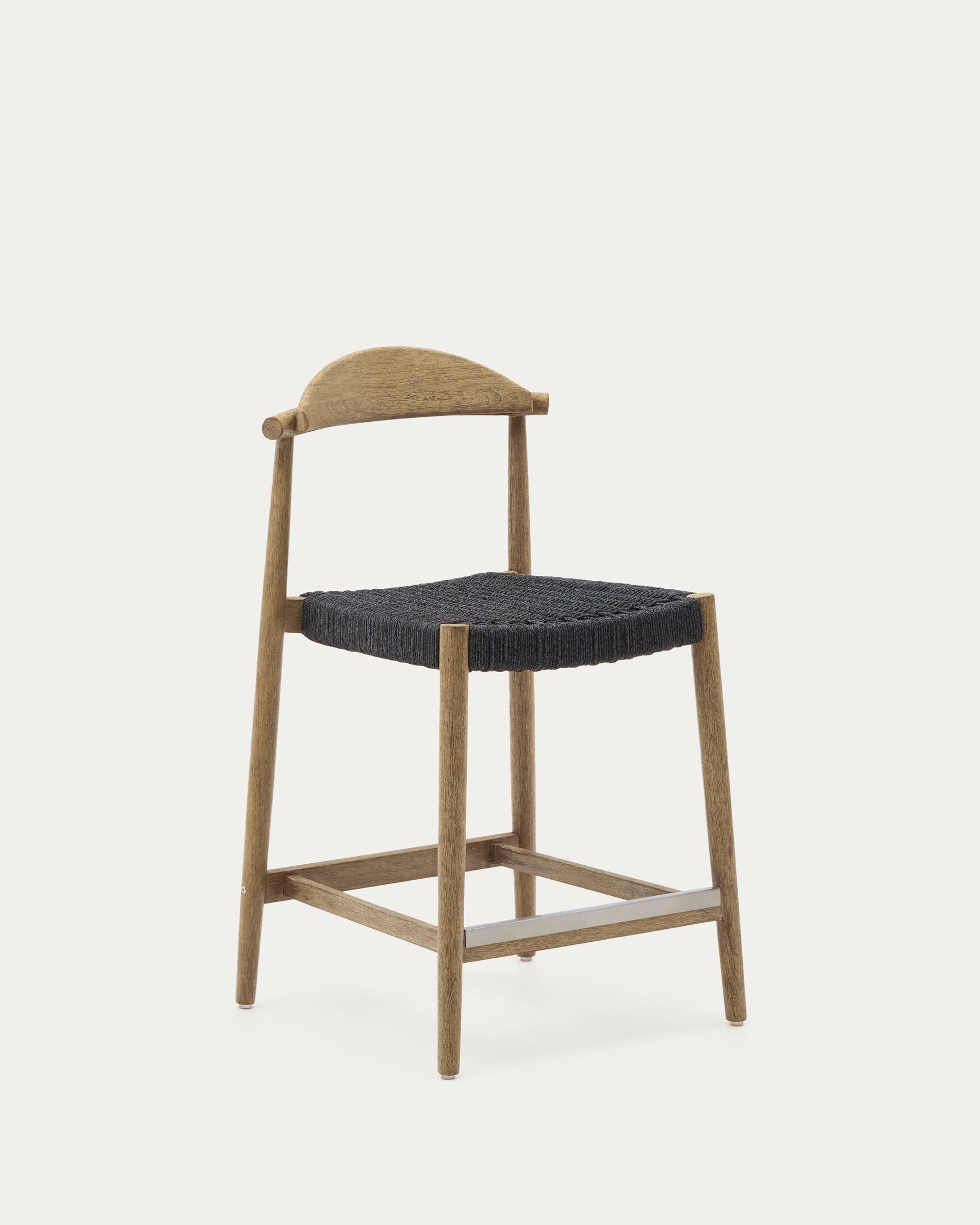 Nina Stool made of solid acacia wood with natural finish and black rope, height 62 cm - Product View
