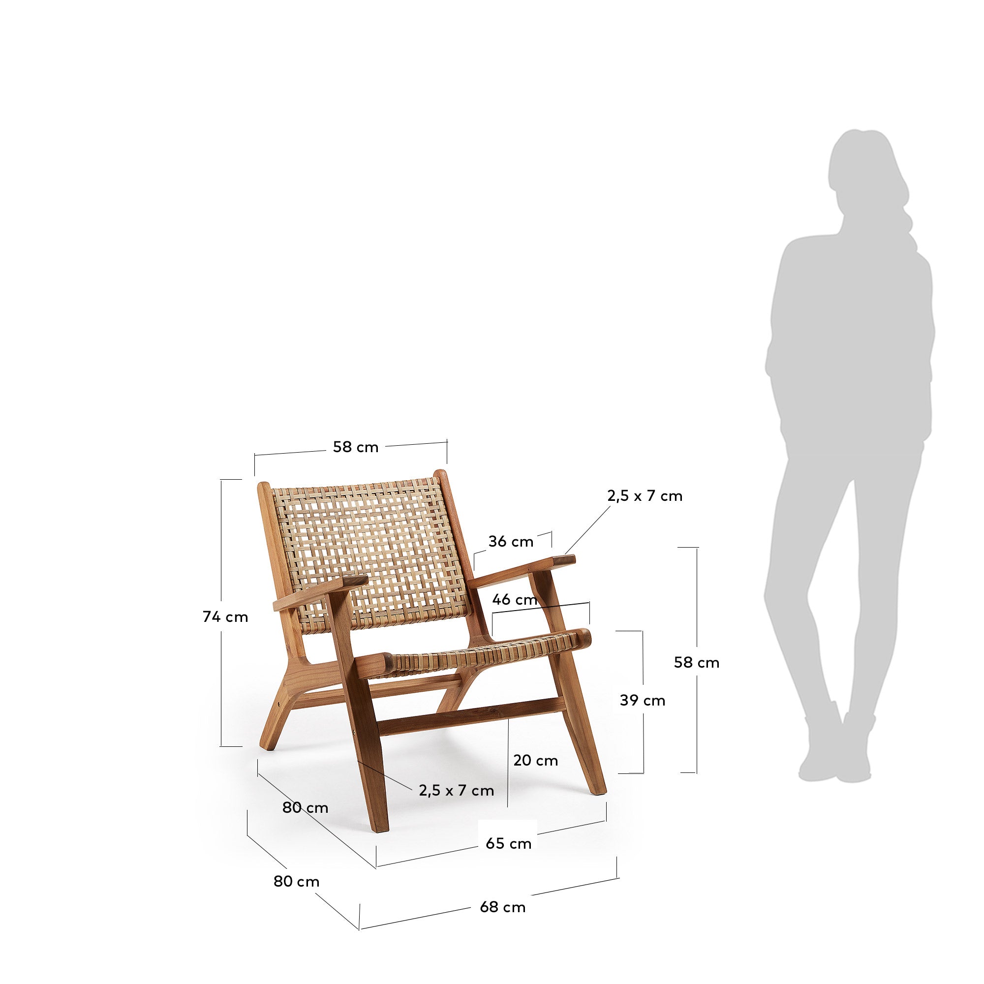 Grignoon chair, made from solid acacia wood and woven wicker FSC 100% - Measurements