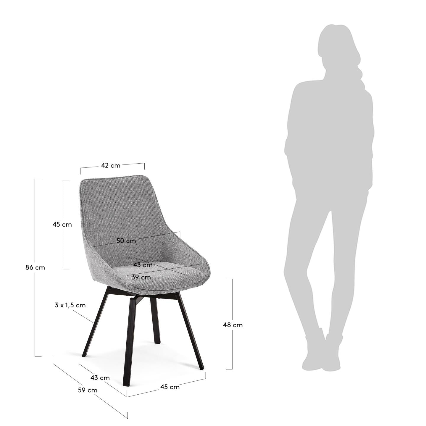 Jenna light grey swivel chair with steel legs with black finish FSC 100% - Measurements