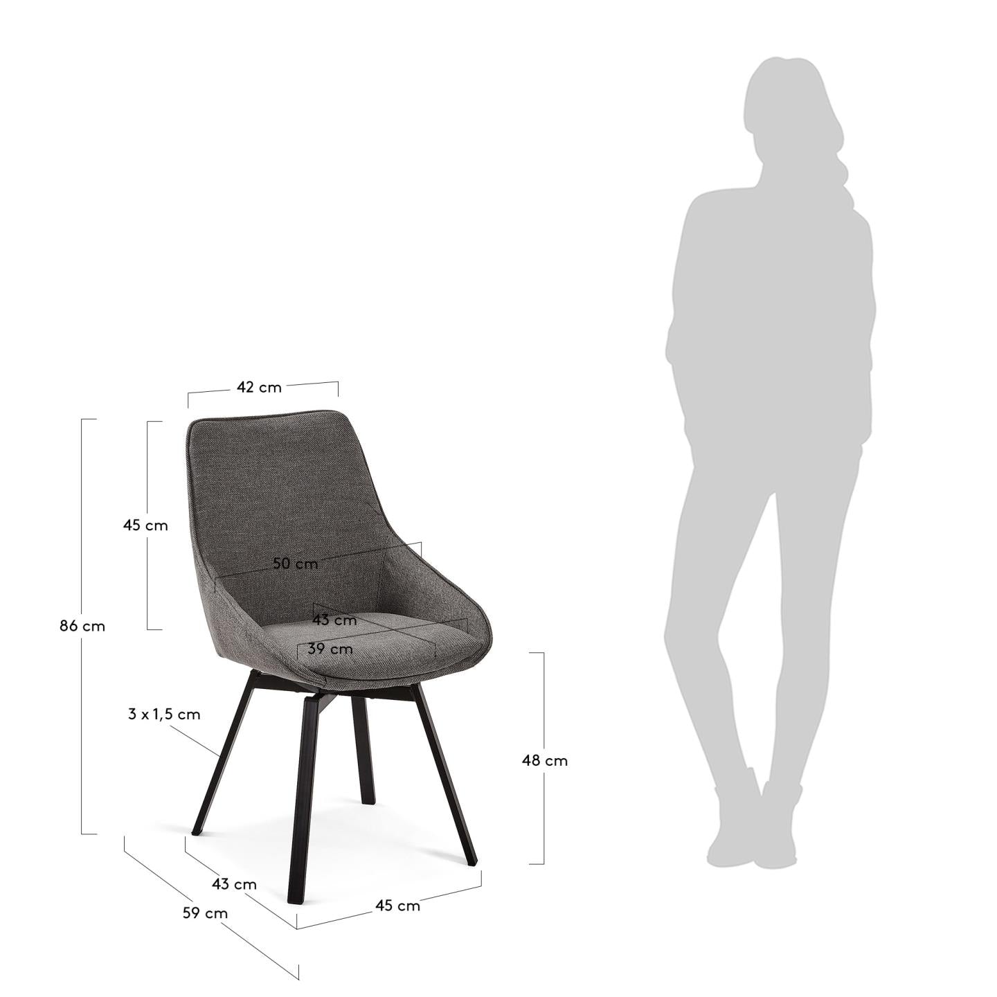 Jenna dark grey swivel chair with steel legs with black finish FSC 100% - Measurements