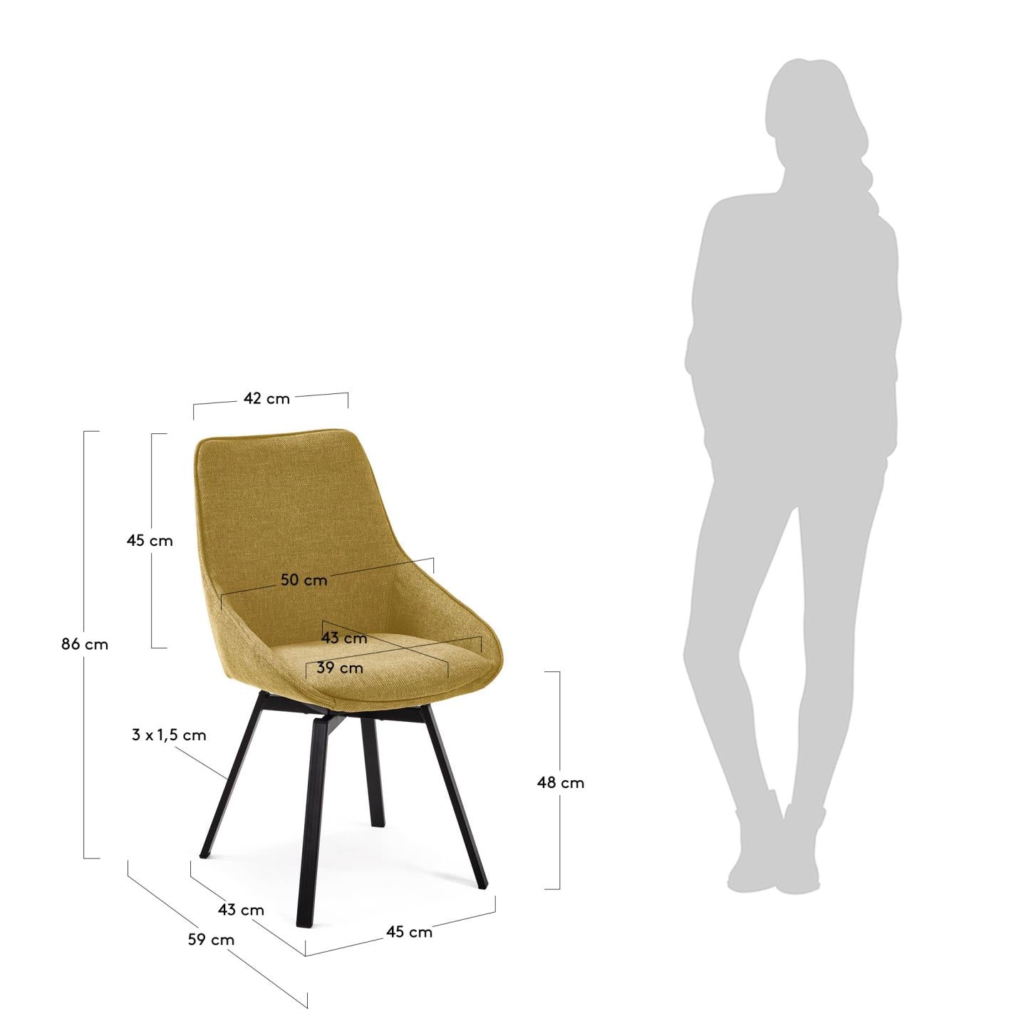 Jenna mustard swivel chair with steel legs with black finish FSC 100% - Measurements