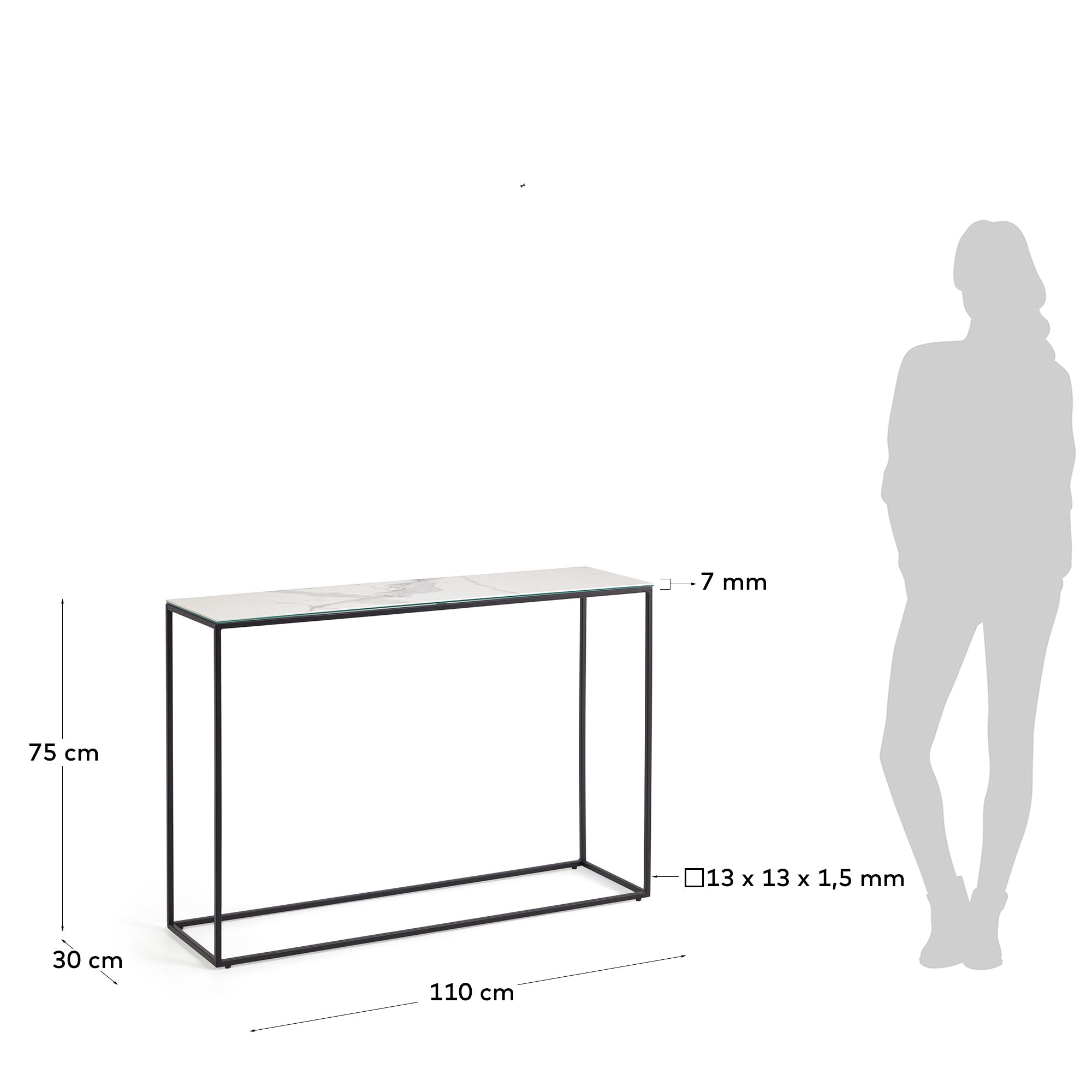 Rewena console table with Kalos Blanco porcelain top and steel structure, 110 x 75 cm - Measurements