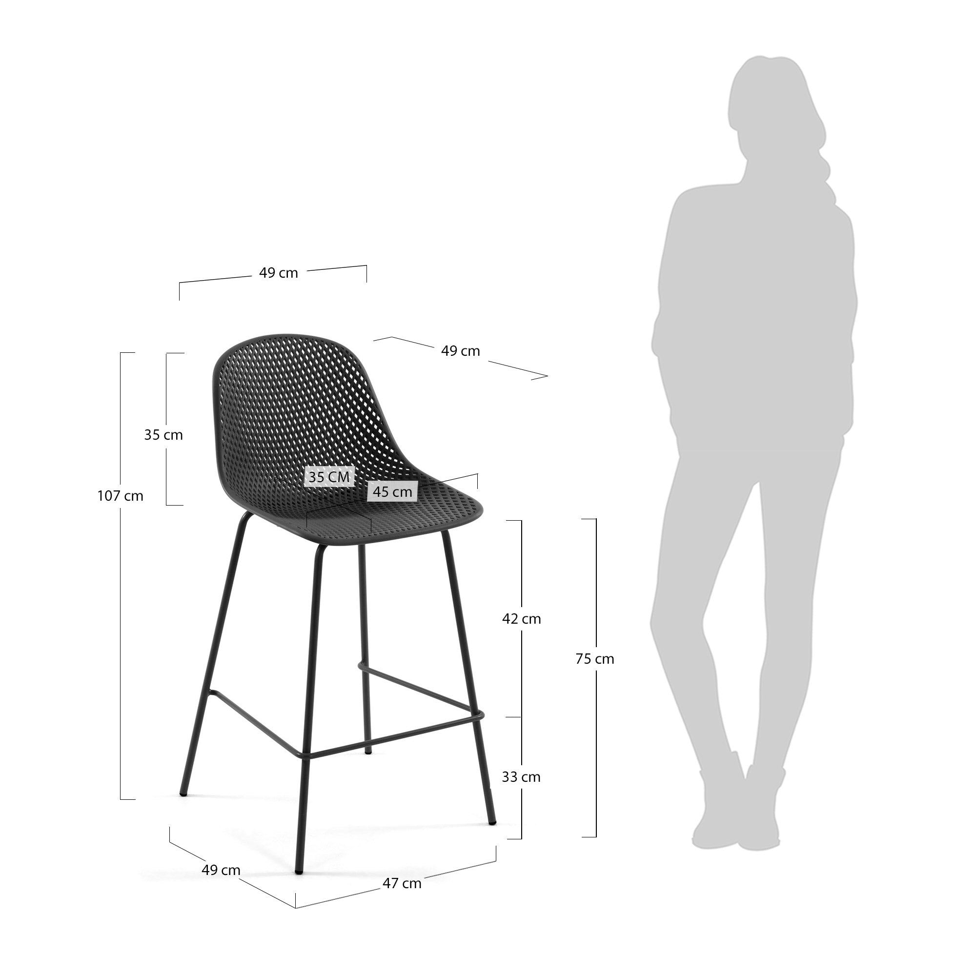 Quinby outdoor stool in grey, height 75 cm - Measurements