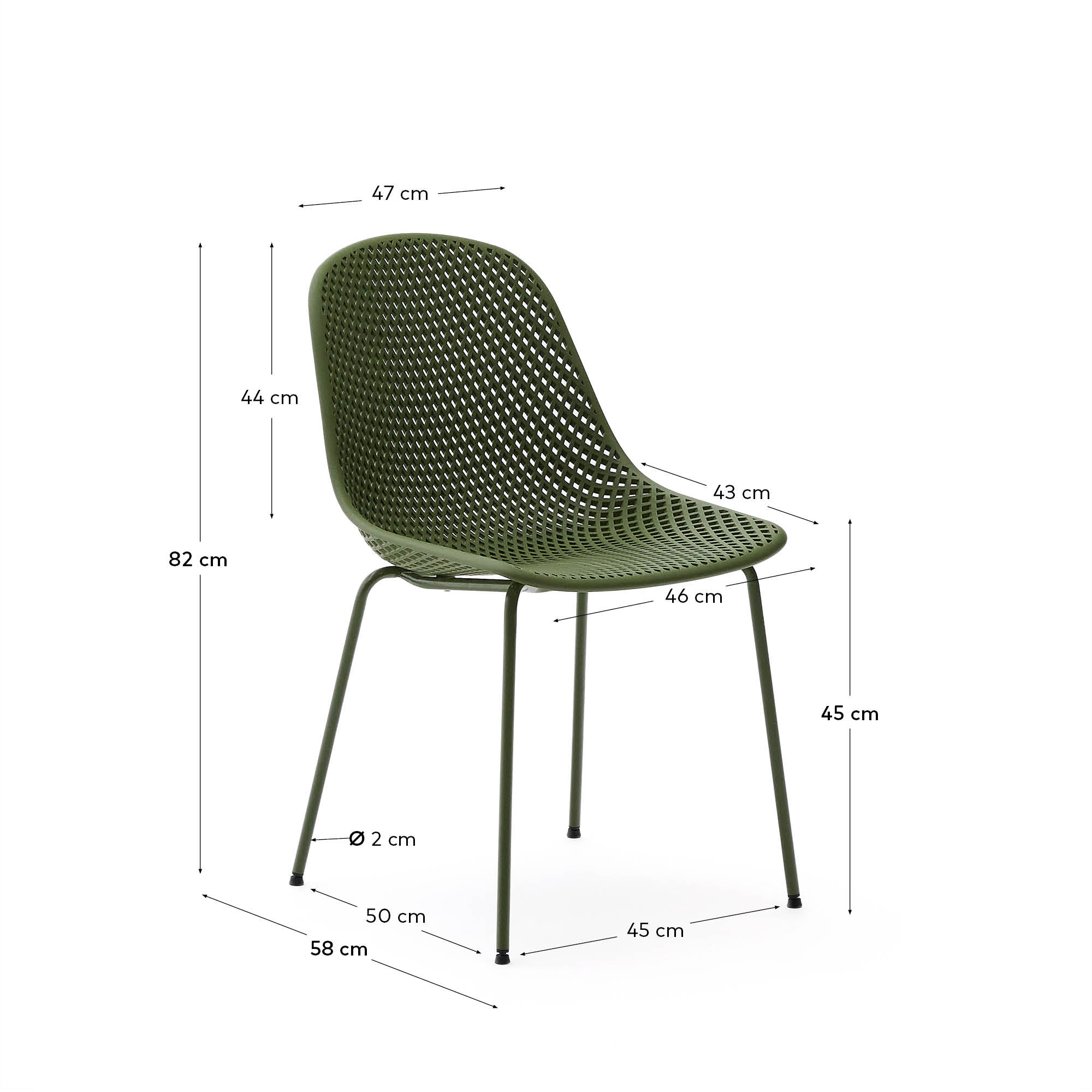 Quinby outdoor chair with green steel legs - Measurements