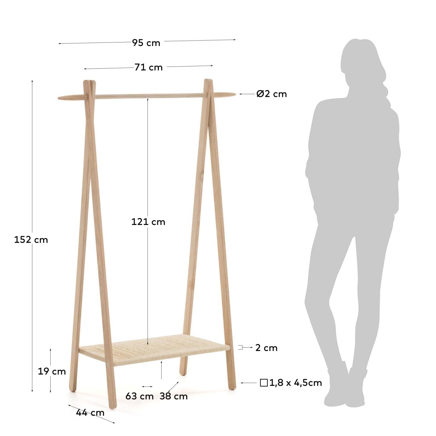 Natane birch wood and rattan clothing rail, 95 x 152 cm - Measurements