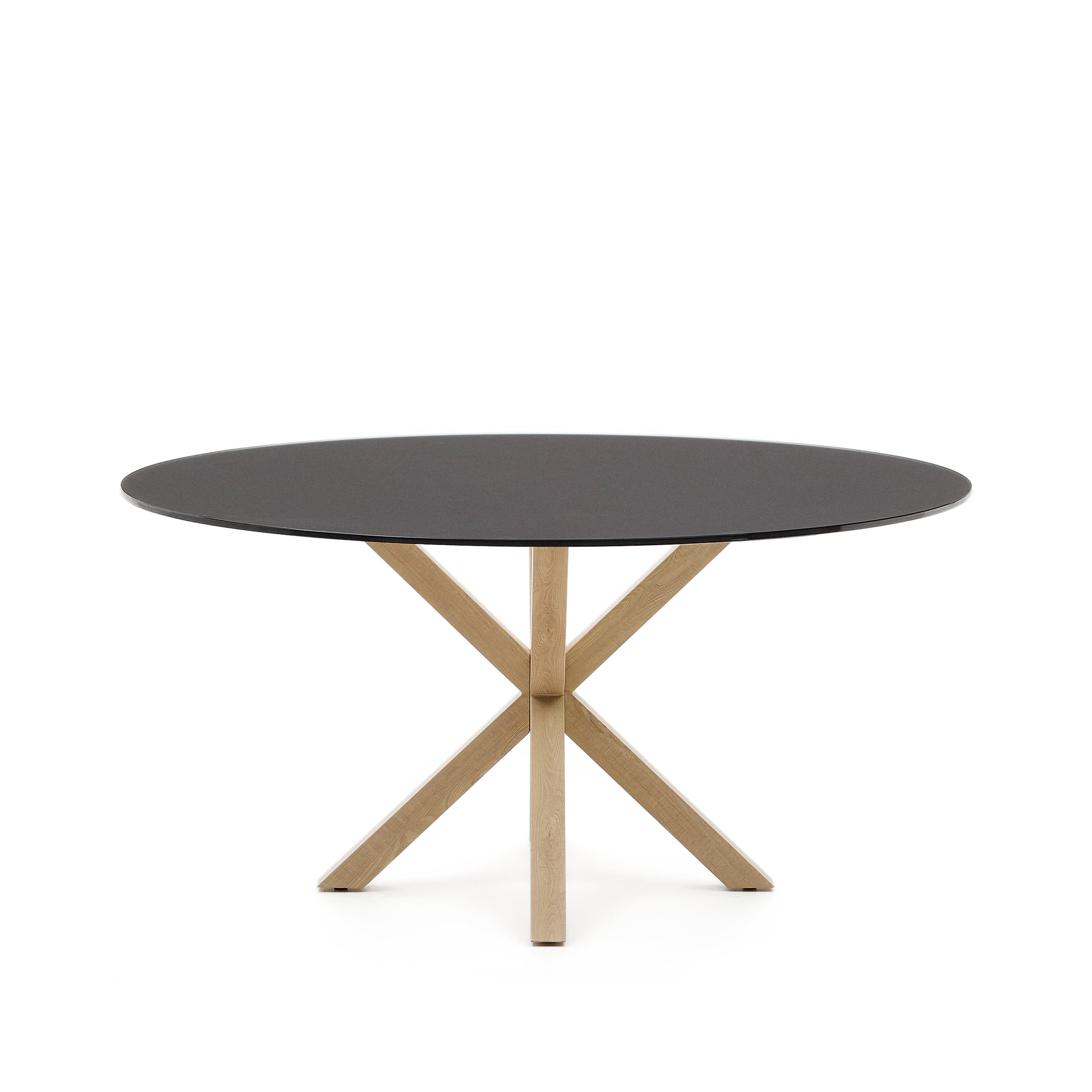 Argo kerek asztal matt fekete üveg és fa hatású acél lábakkal, Ø 150 cm