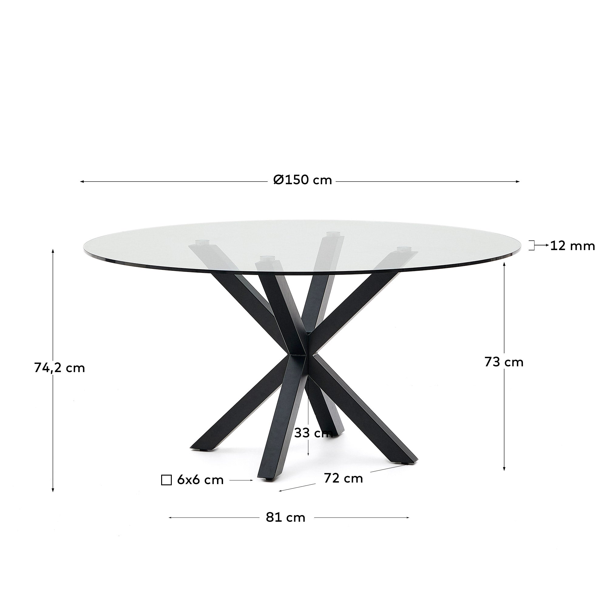 Argo round glass table and wood effect steel legs Ø 150 cm - Measurements