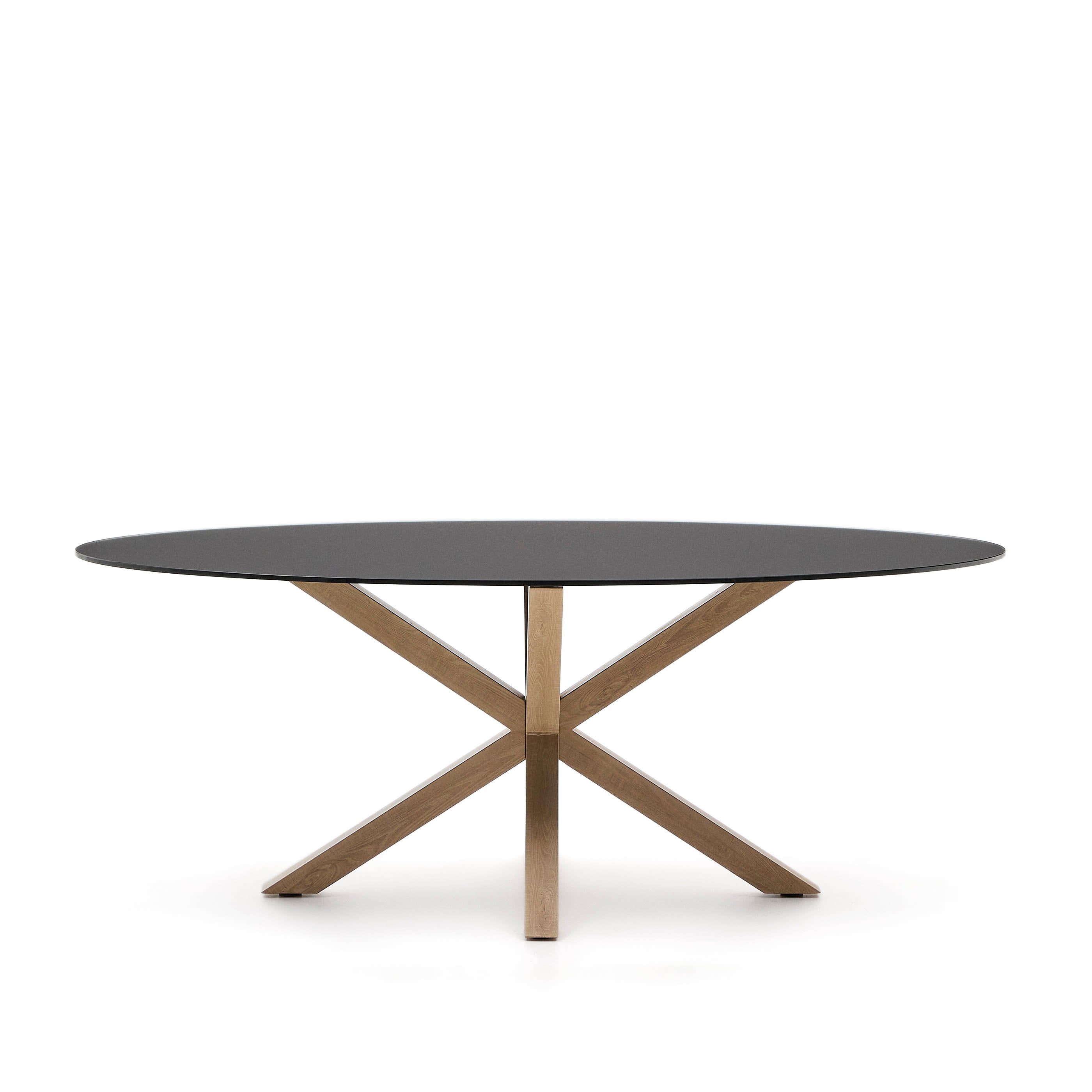 Argo ovális asztal matt fekete üveg és fa hatású acéllábakkal Ø 200 x 100 cm