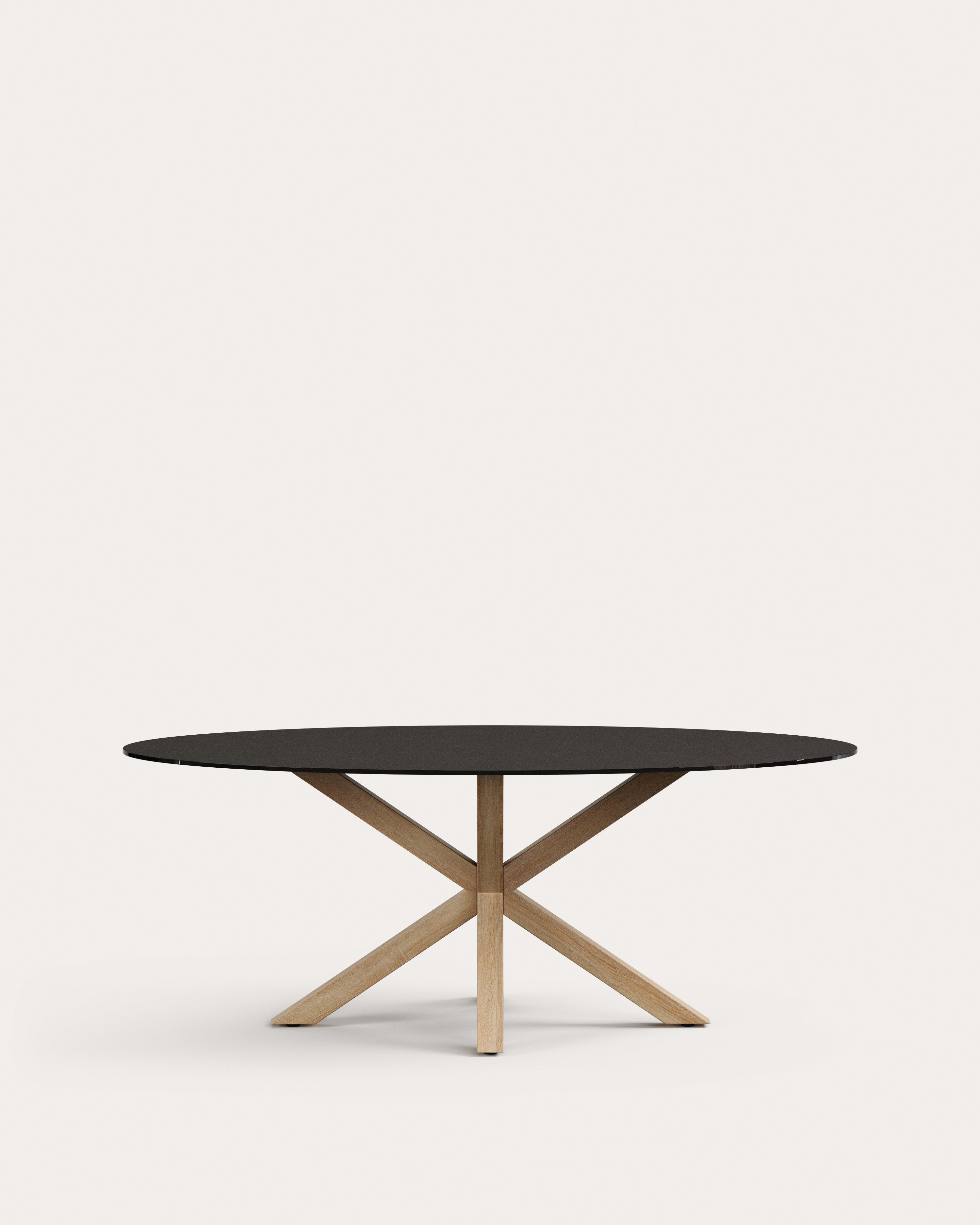 Argo oval table in matt black glass and wood-effect steel legs Ø 200 x 100 cm - Product View