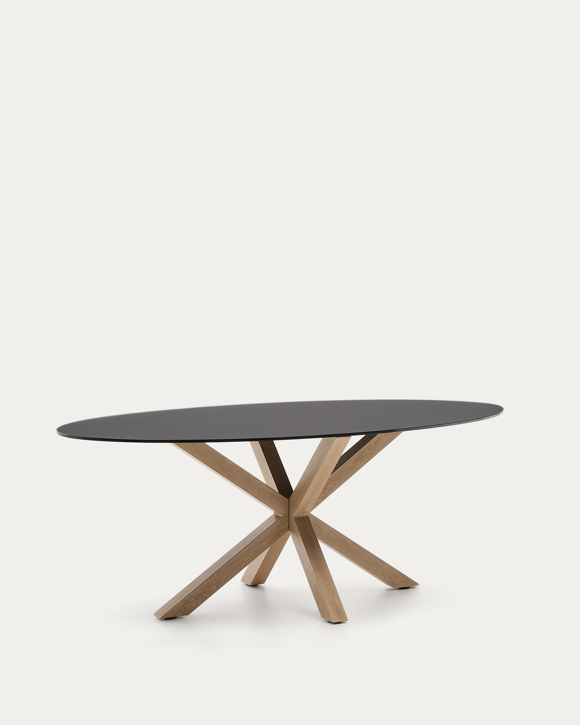Argo ovális asztal matt fekete üveg és fa hatású acéllábakkal Ø 200 x 100 cm