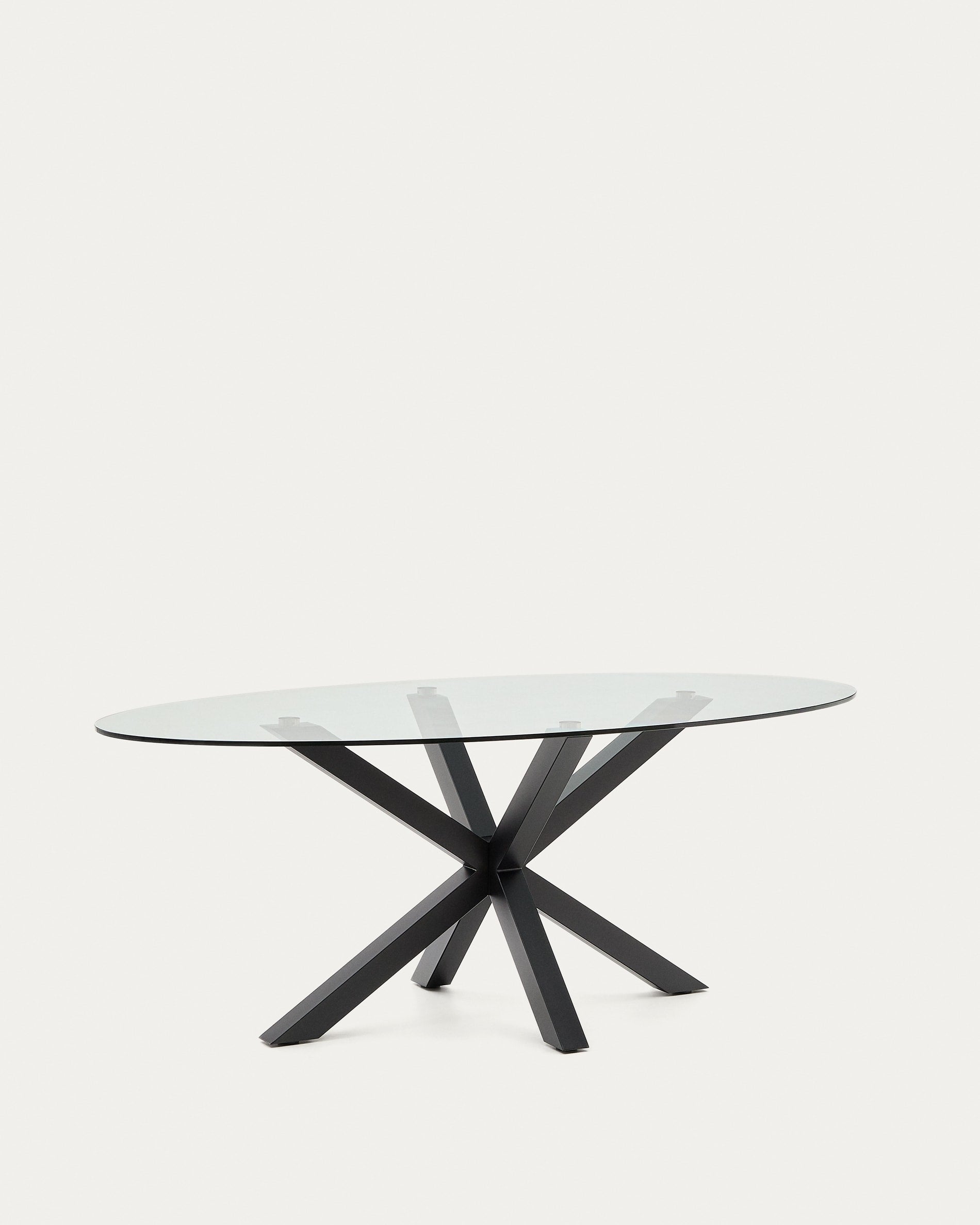 Argo ovális asztal üveglappal és acél lábakkal, fekete befejezéssel Ø 200 x 100 cm