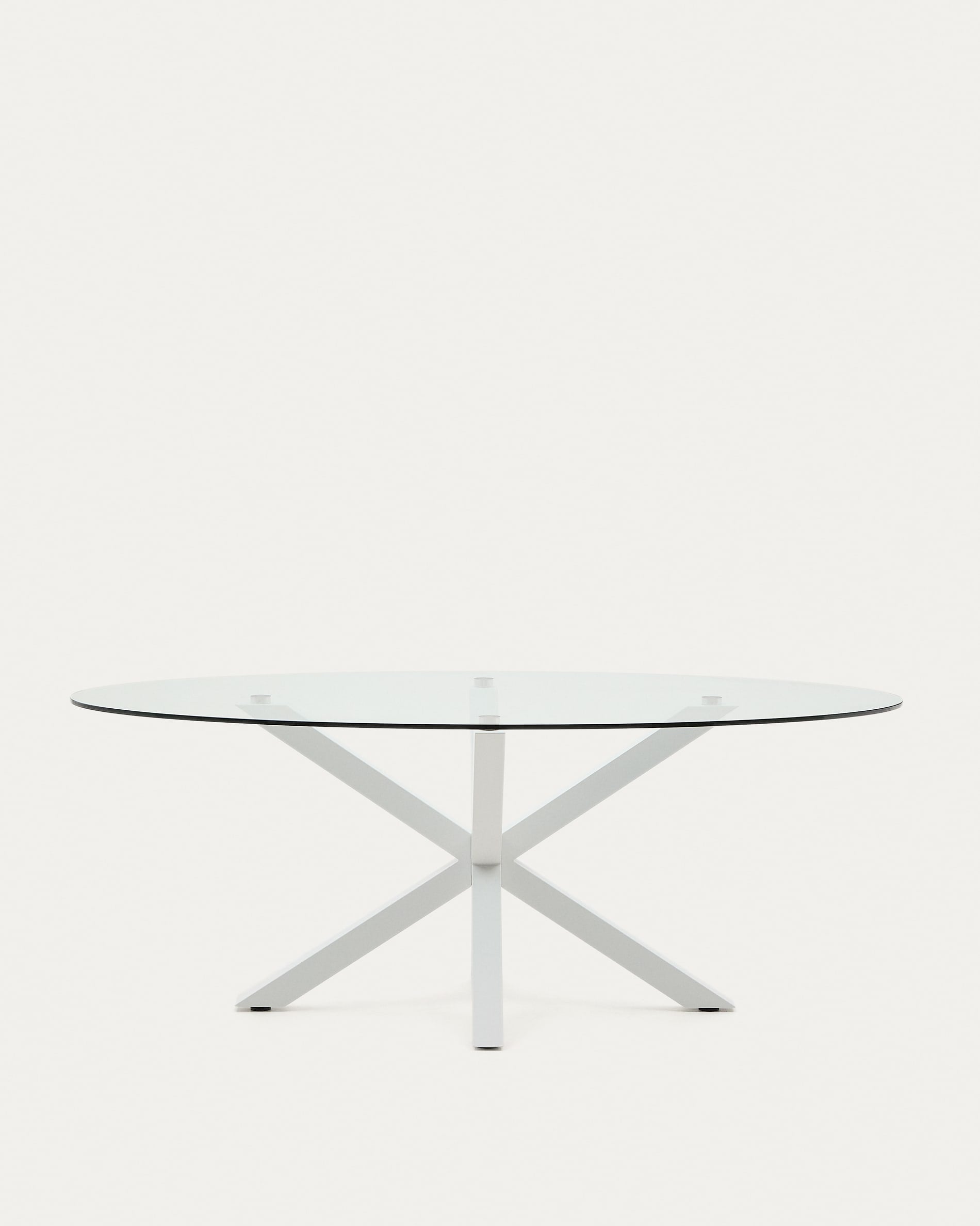 Argo ovális asztal üveglappal és acél lábakkal, fehér befejezéssel Ø 200 x 100 cm