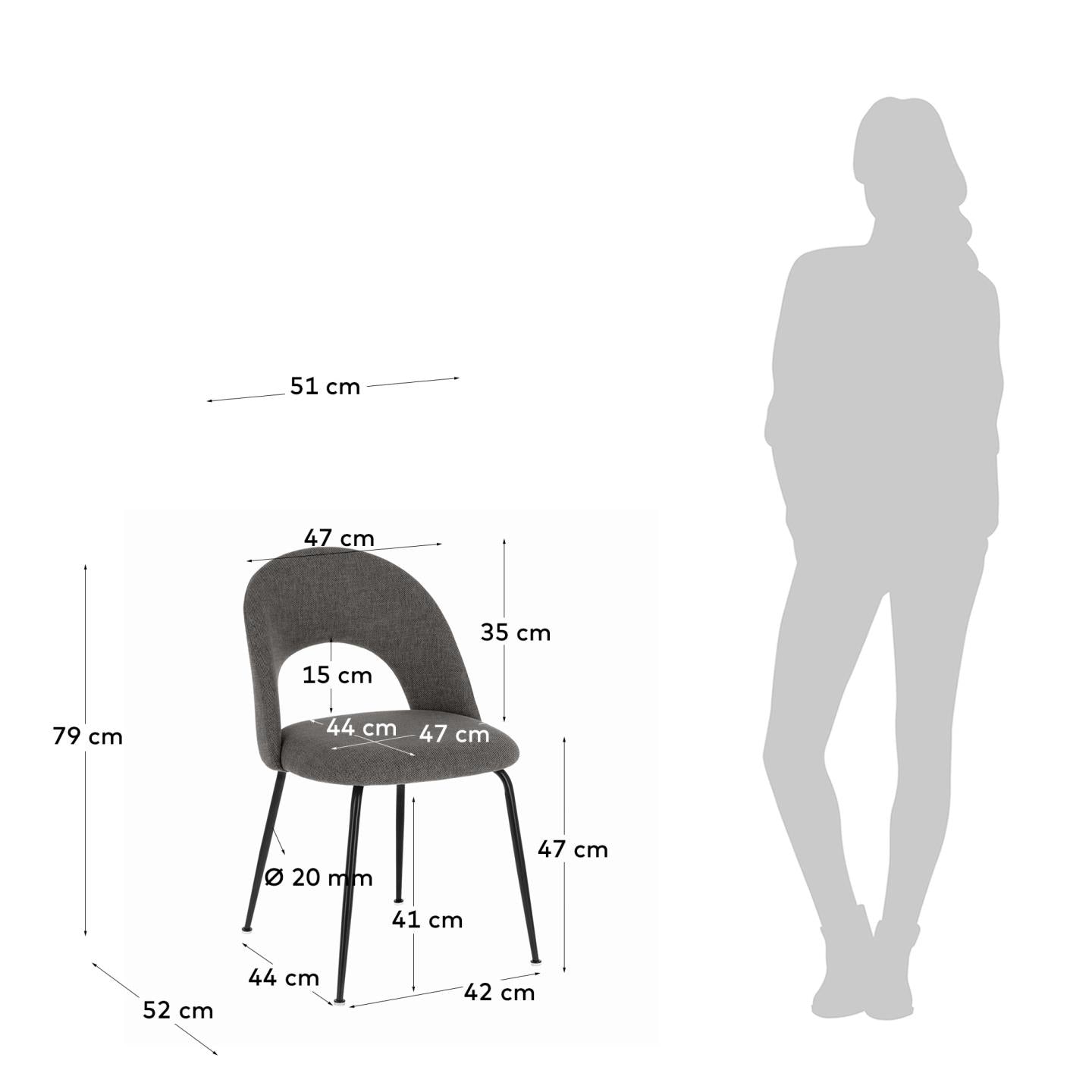 Mahalia dining chair in dark grey with steel legs, with a black painted finish FSC 100% - Measurements