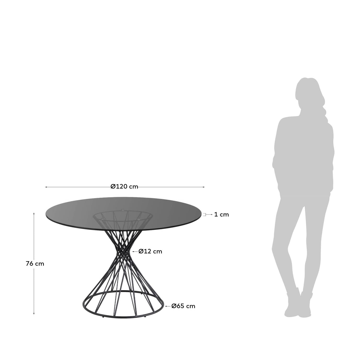 Niut round glass table with solid steel legs with black finish Ø 120 cm - Measurements