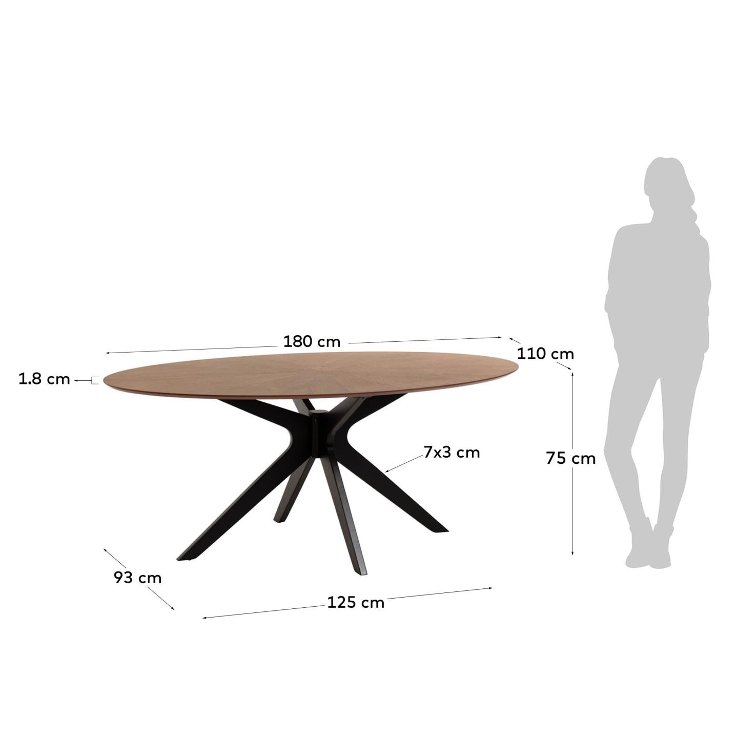 Naanim table with walnut veneer and legs in a black finish, 180 x 110 cm. - Measurements