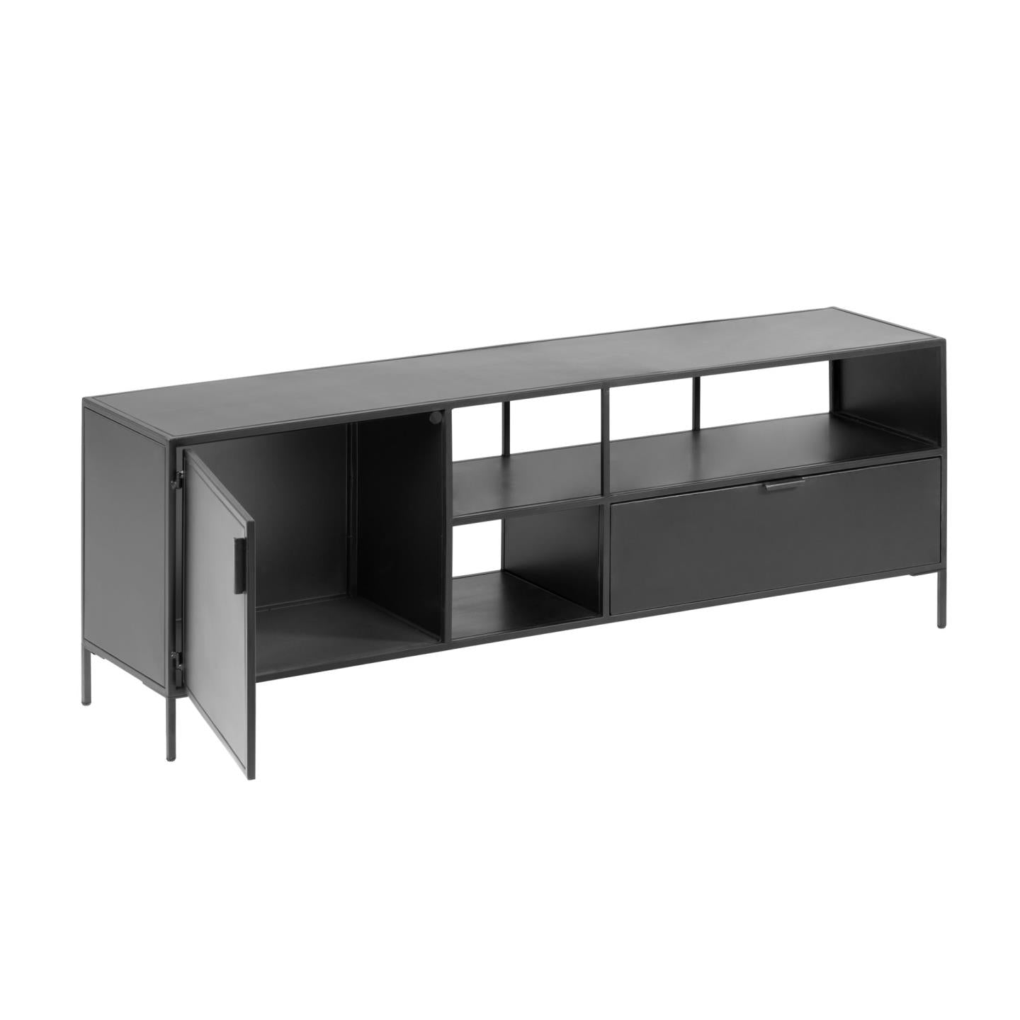 Shantay metal TV stand in a painted black finish with 1 door and drawer, 150 x 50 cm - Product Image