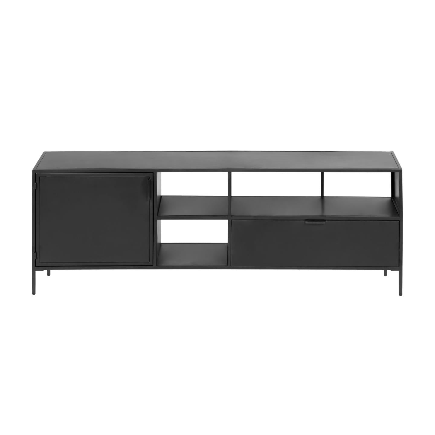 Shantay metal TV stand in a painted black finish with 1 door and drawer, 150 x 50 cm - Product Image