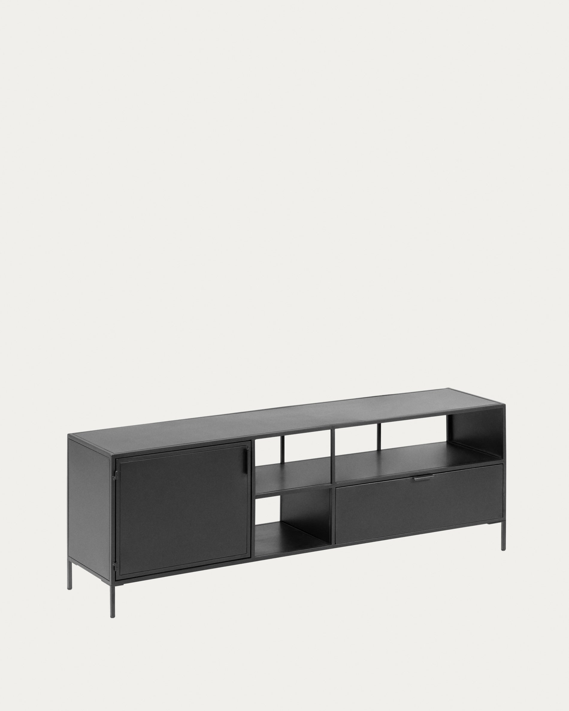 Shantay metal TV stand in a painted black finish with 1 door and drawer, 150 x 50 cm - Product View