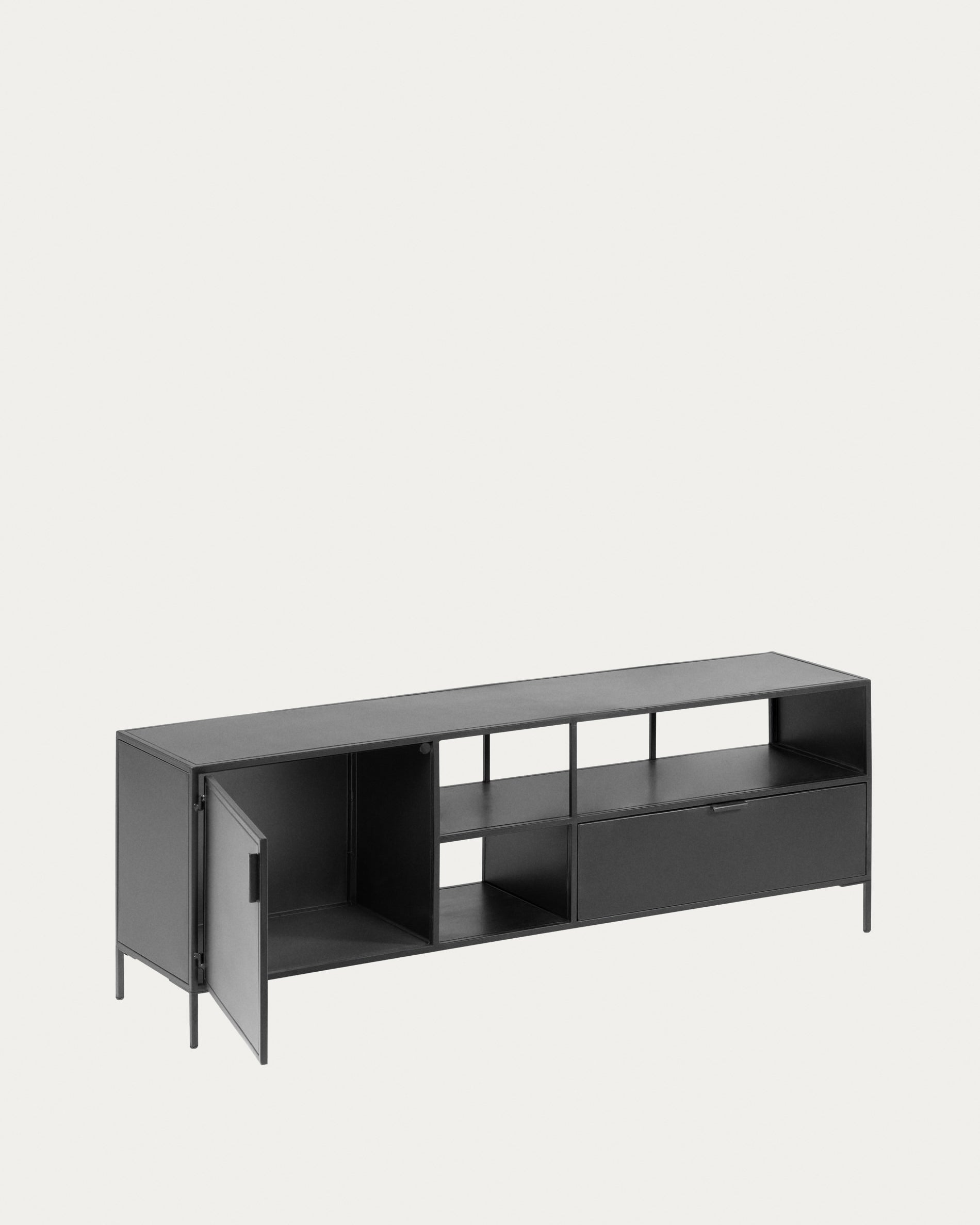 Shantay metal TV stand in a painted black finish with 1 door and drawer, 150 x 50 cm - Product View