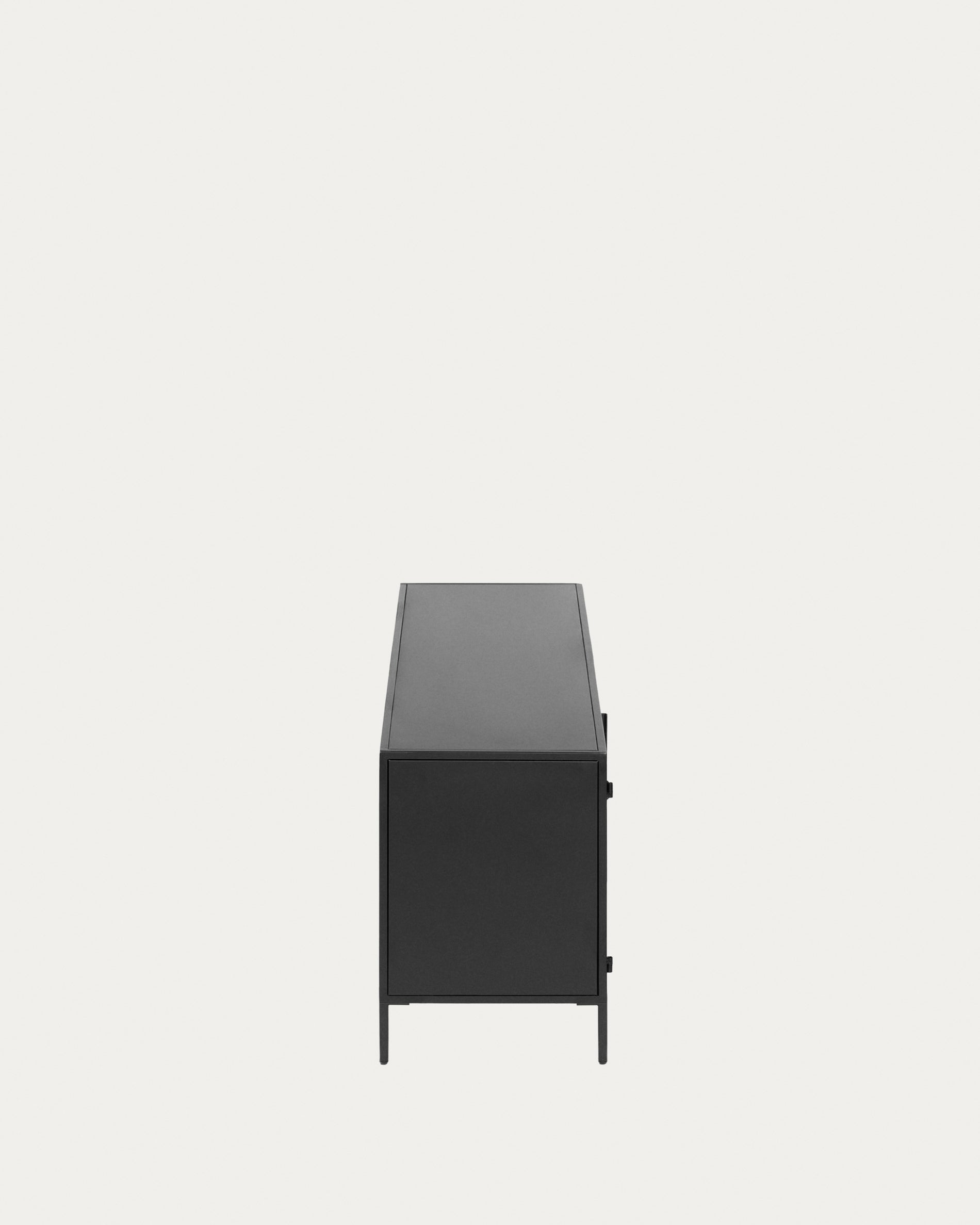 Shantay metal TV stand in a painted black finish with 1 door and drawer, 150 x 50 cm - Product View