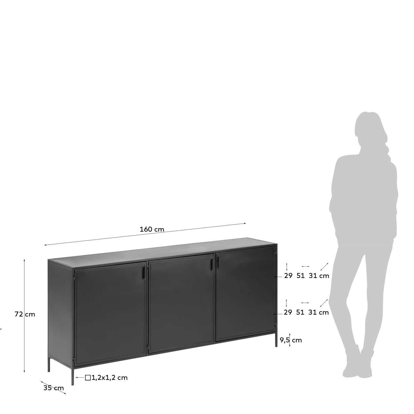 Shantay metal sideboard in a painted black finish with 3 doors, 160 x 72 cm - Measurements