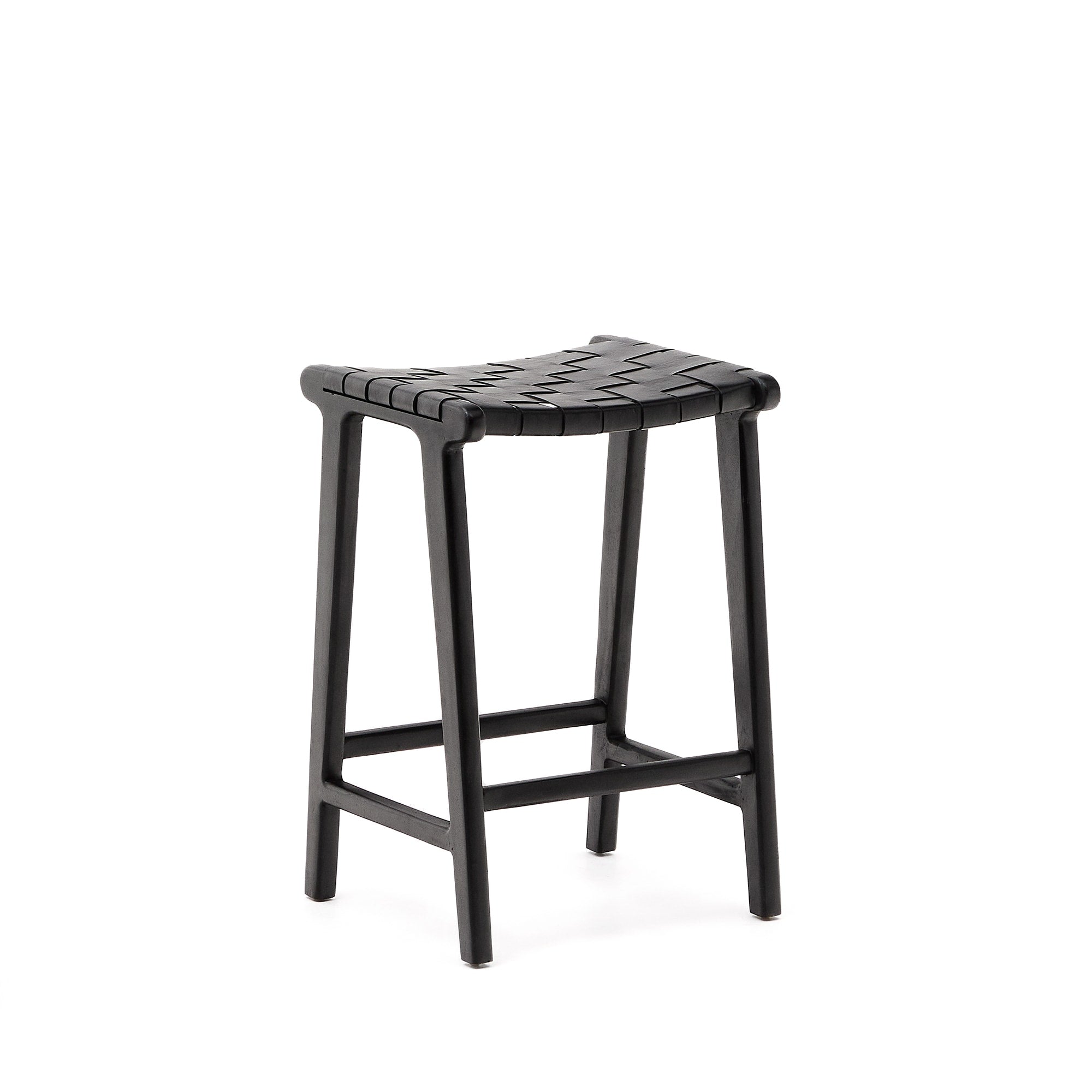 Calixta stool in leather and solid mahogany wood with black finish, height 67 cm