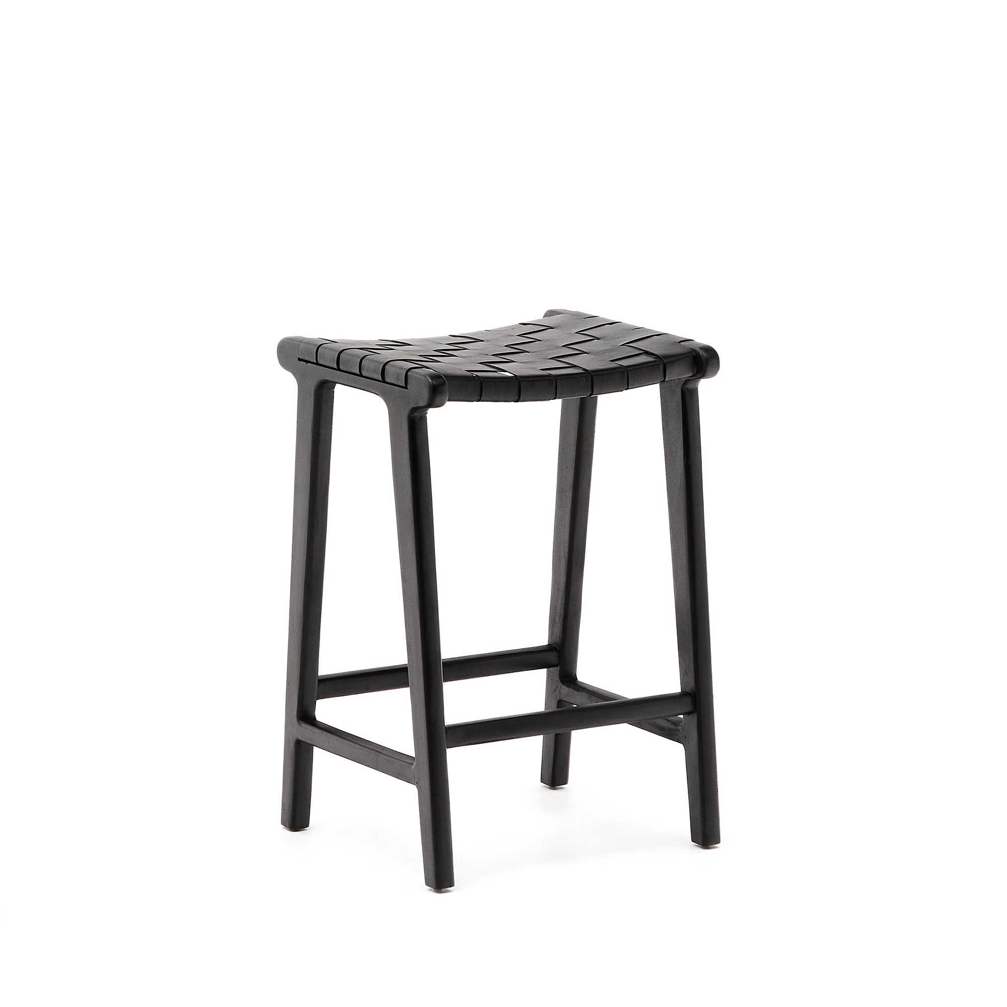 Calixta stool in leather and solid mahogany wood with black finish, 67 cm height - Product Image