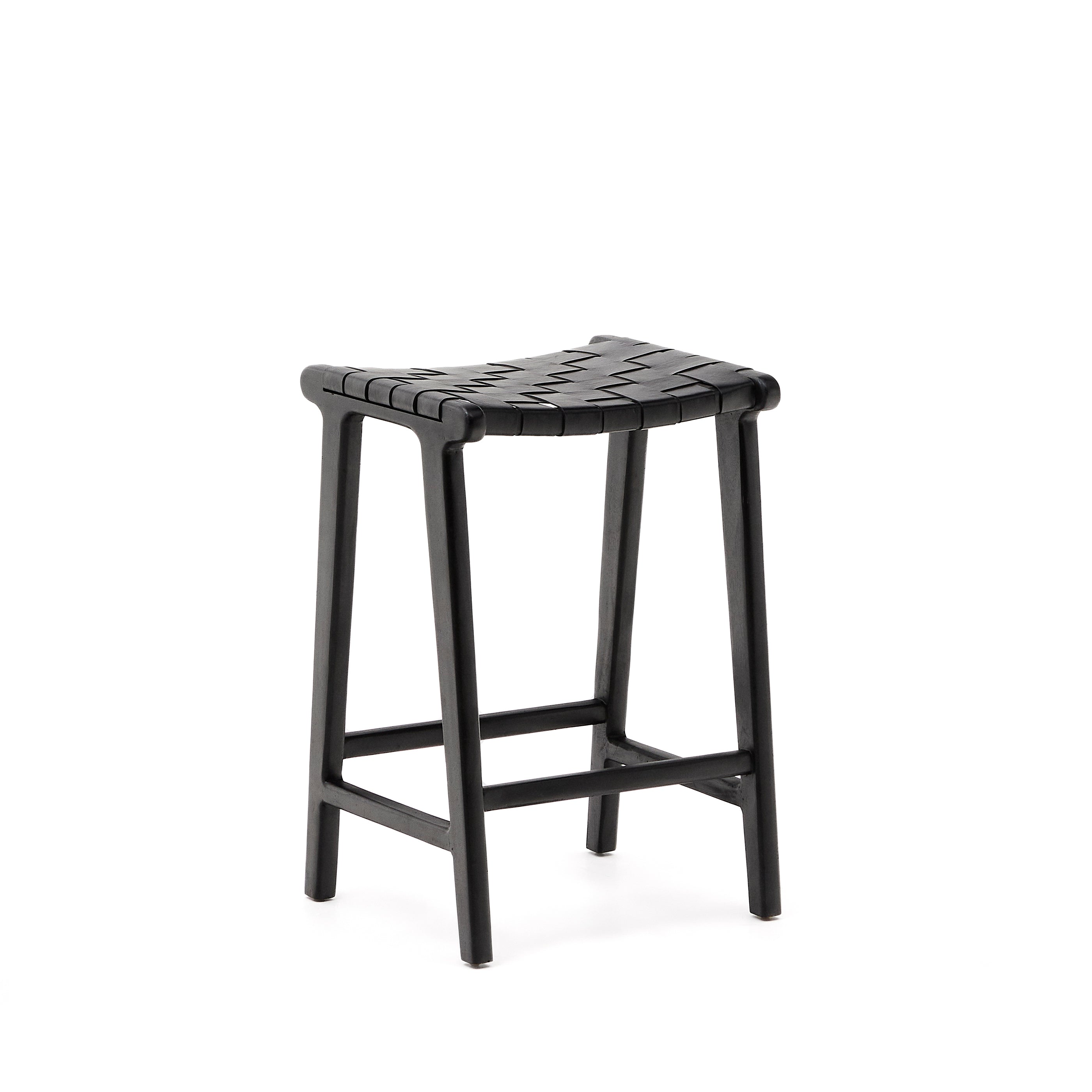 Calixta stool in leather and solid mahogany wood with black finish, 67 cm height - Product Image