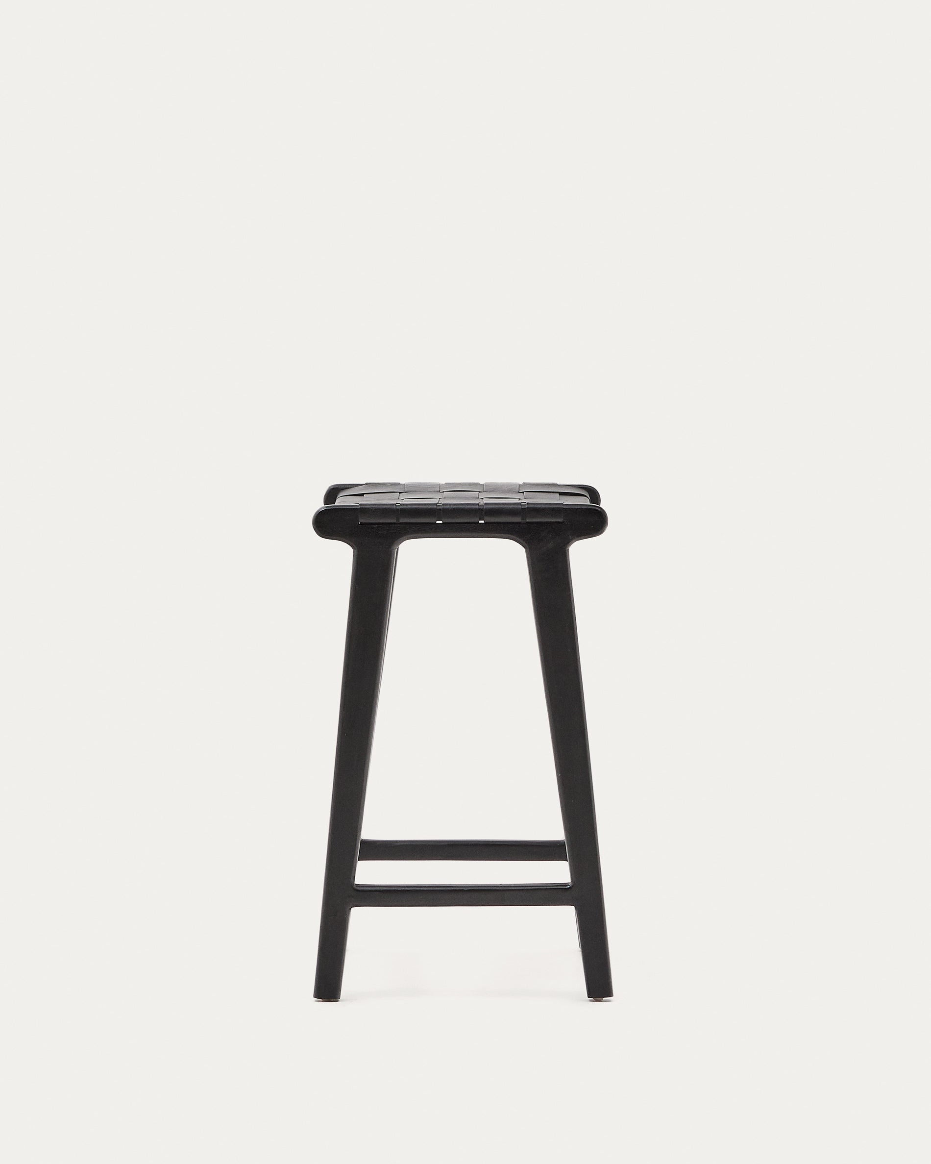 Calixta stool in leather and solid mahogany wood with black finish, 67 cm height - Product View
