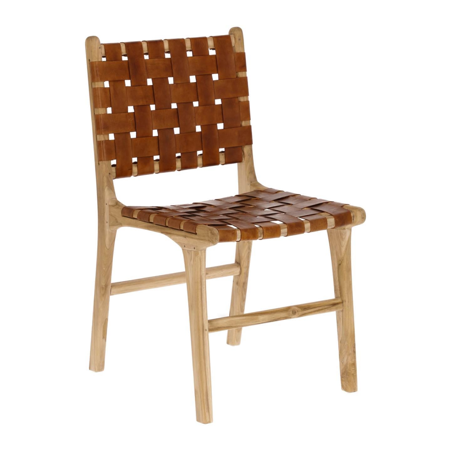 Calixta chair in leather and solid teak - Product Image