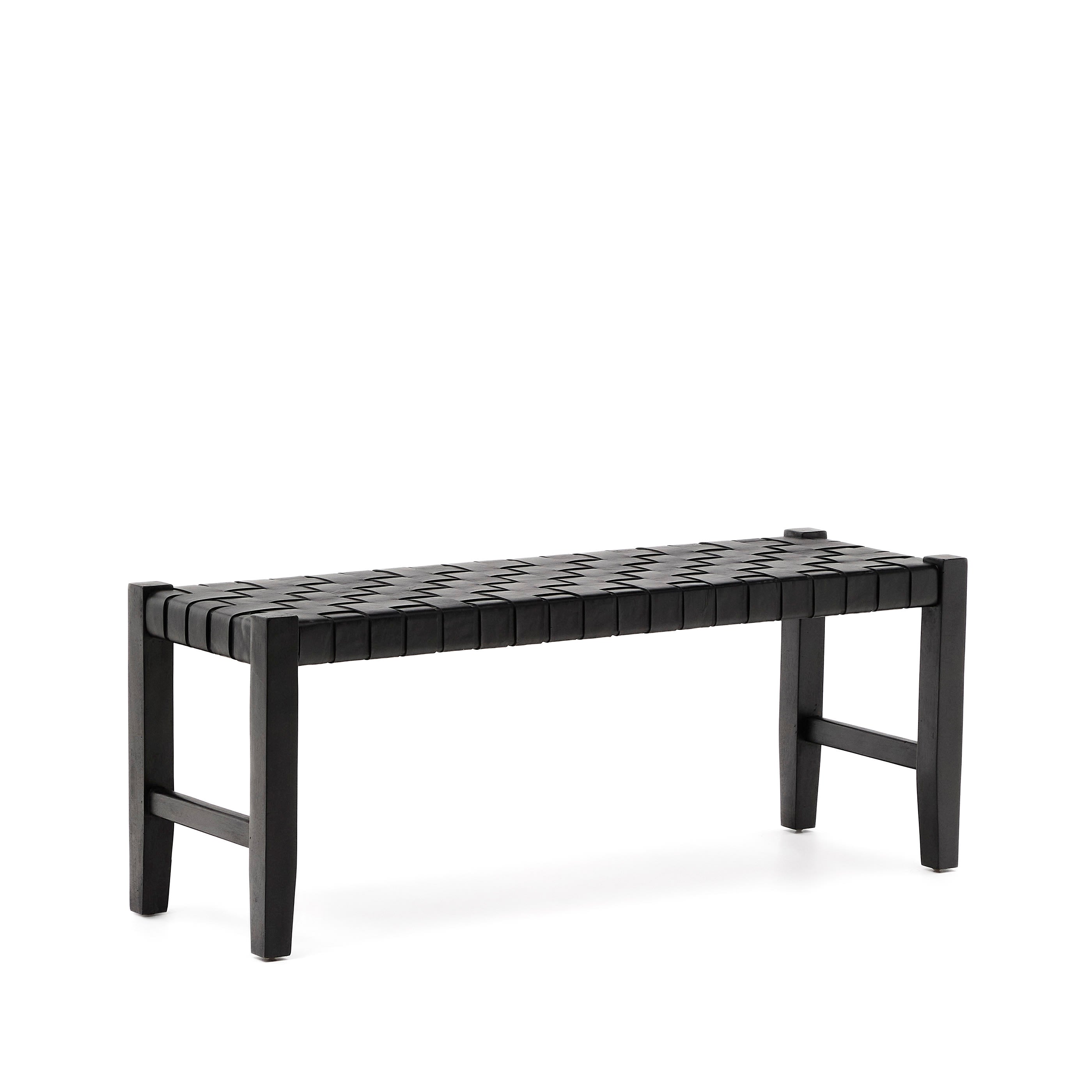 Calixta bench made of leather and solid mahogany wood with black finish 120 cm