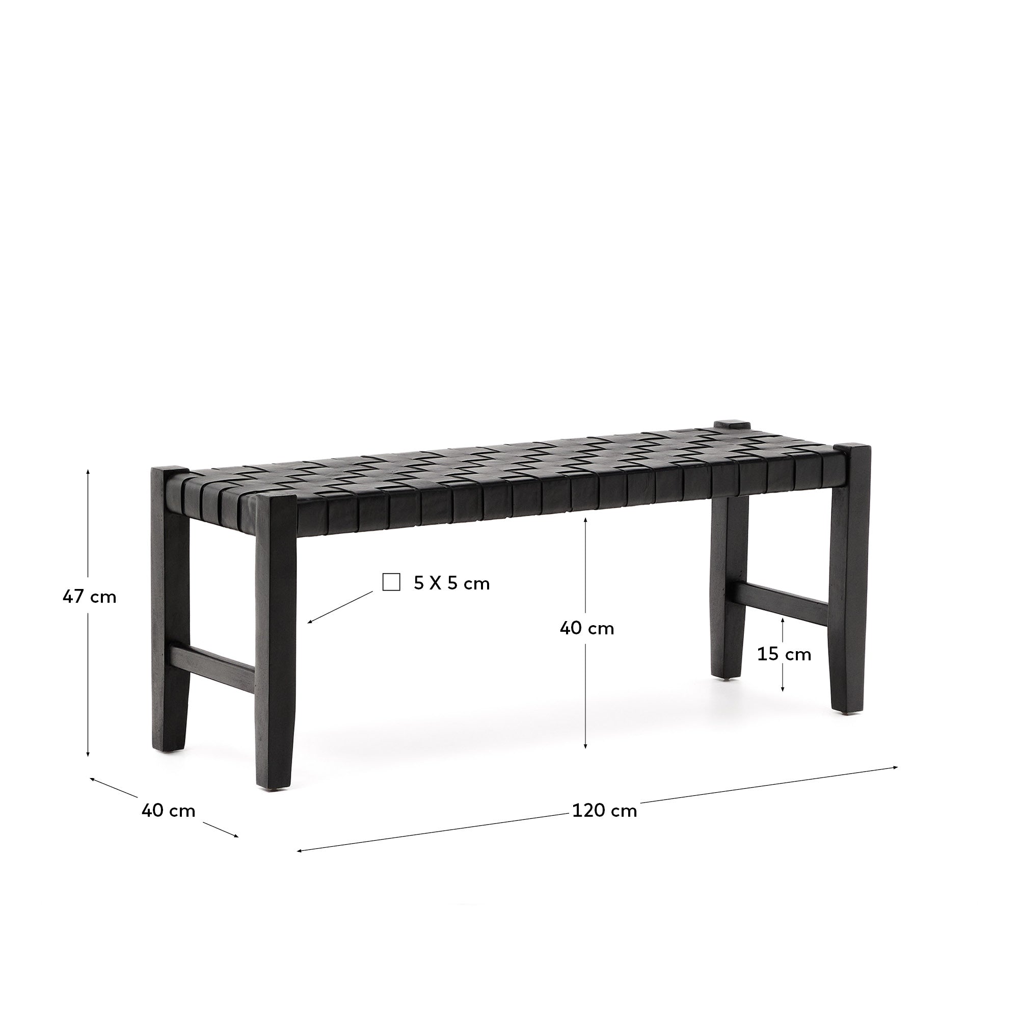 Calixta bench in leather and solid mahogany wood with black finish 120 cm - Measurements