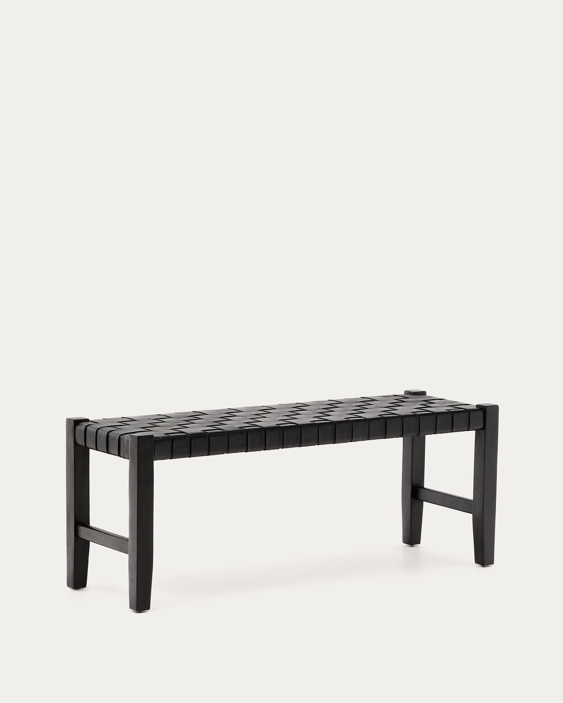 Calixta bench made of leather and solid mahogany wood with black finish 120 cm