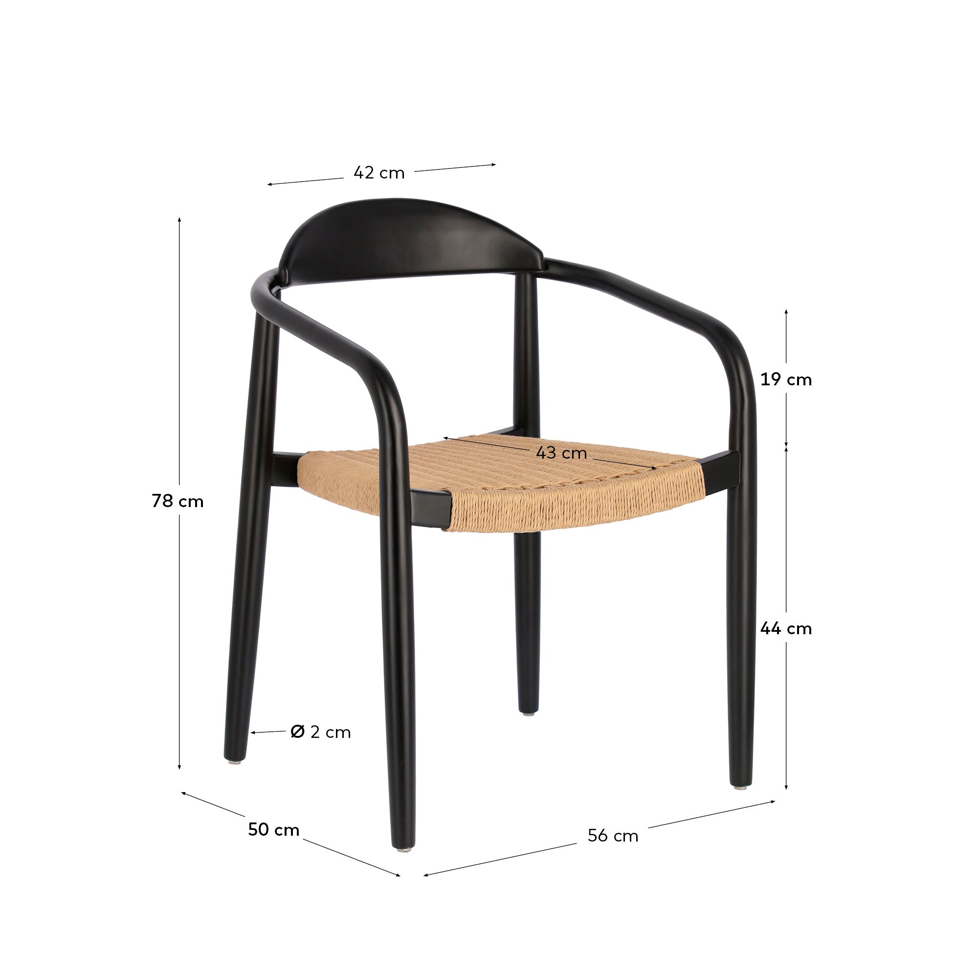 Nina stackable chair solid acacia wood with black finish and beige paper rope seat FSC100% - Measurements