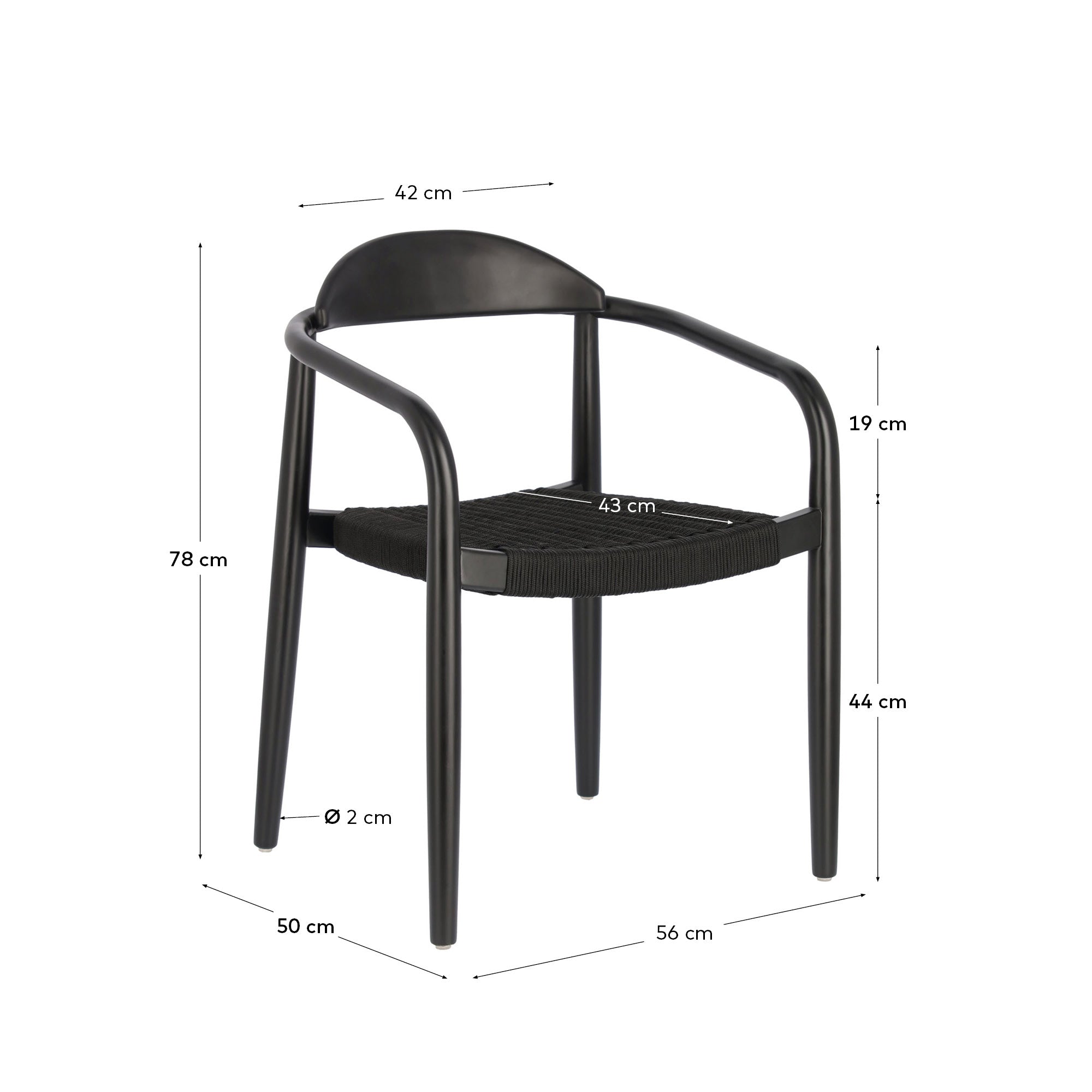 Nina stackable chair in solid acacia wood with black finish and black rope seat FSC 100% - Measurements