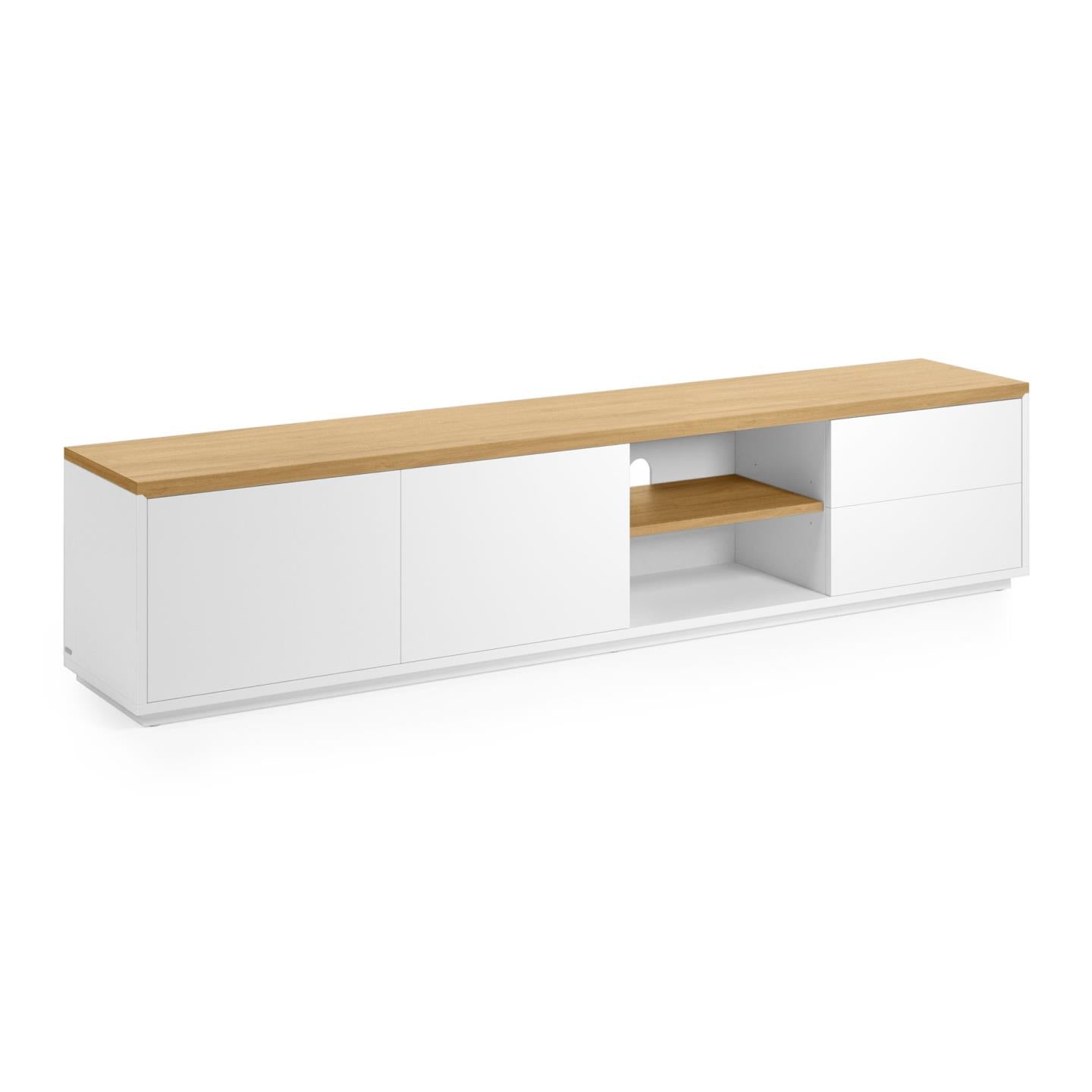 Abilen oak wood veneer TV stand with 2 doora and 2 drawers in white lacquer, 200 x 44 cm FSC 100% - Product Image
