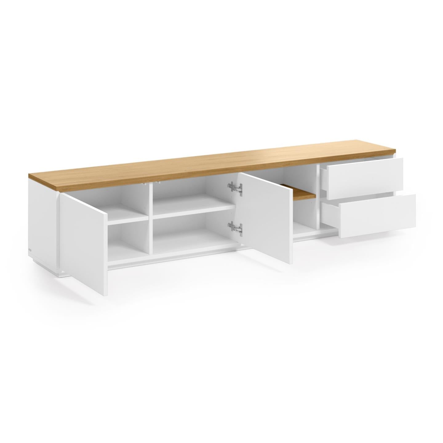 Abilen oak wood veneer TV stand with 2 doora and 2 drawers in white lacquer, 200 x 44 cm FSC 100% - Product Image