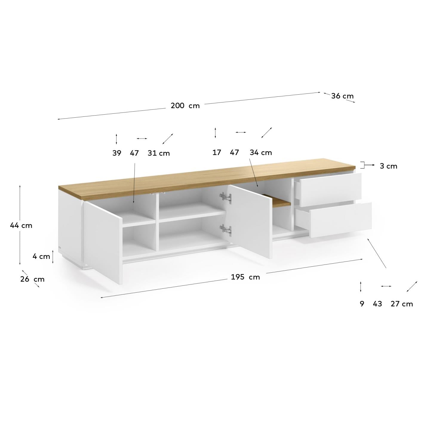 Abilen oak wood veneer TV stand with 2 doora and 2 drawers in white lacquer, 200 x 44 cm FSC 100% - Measurements