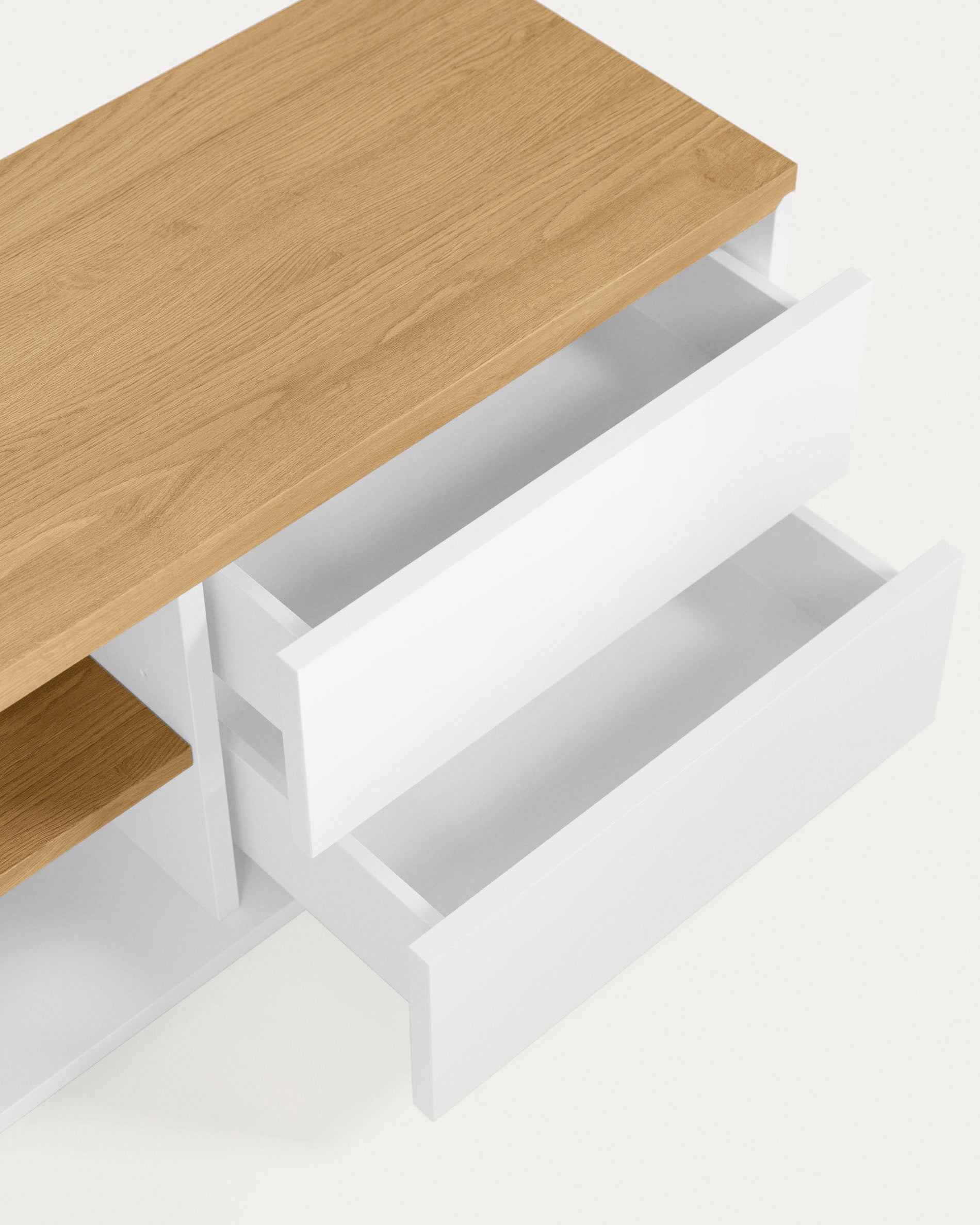 Abilen oak wood veneer TV stand with 2 doora and 2 drawers in white lacquer, 200 x 44 cm FSC 100% - Detail