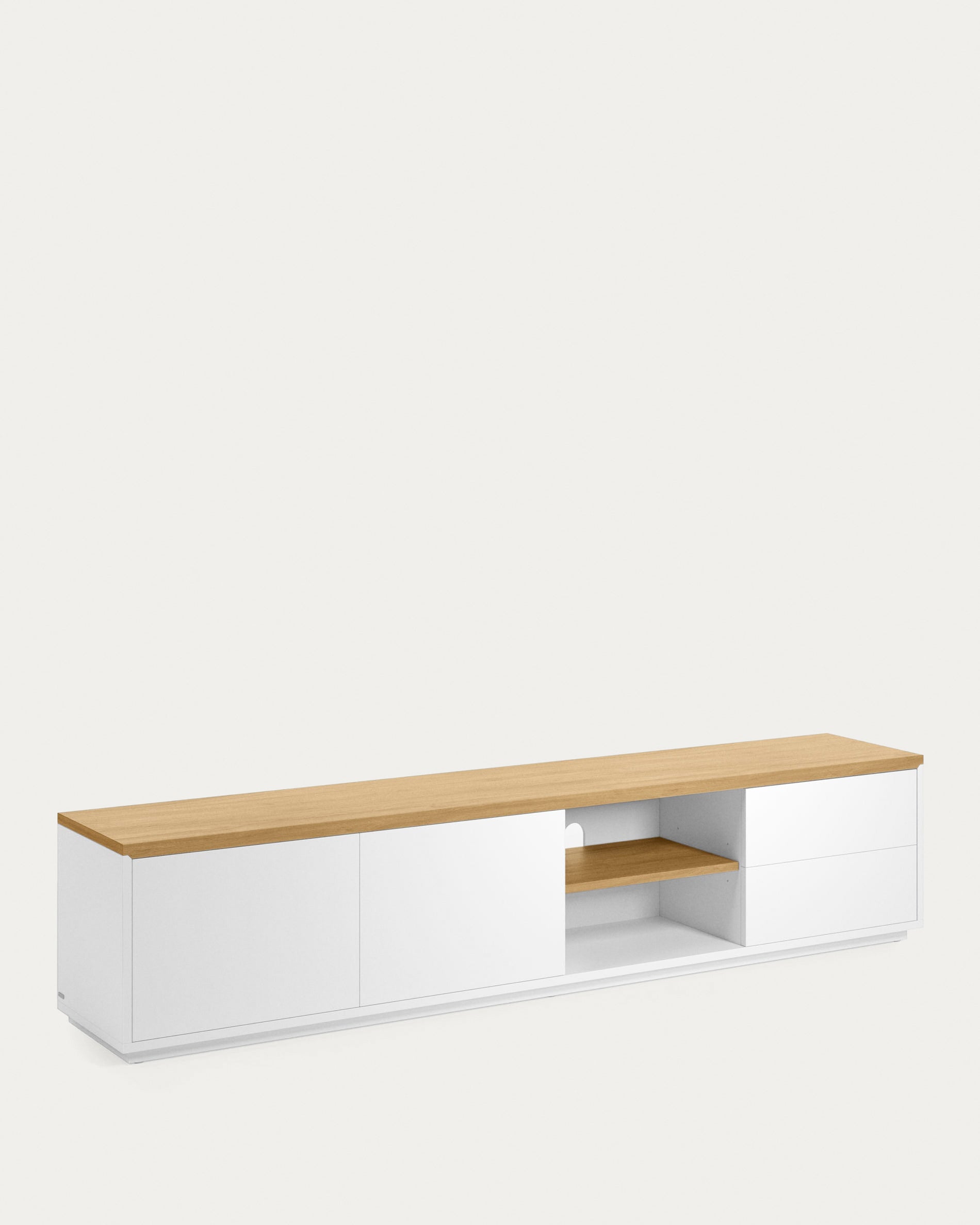 Abilen oak wood veneer TV stand with 2 doora and 2 drawers in white lacquer, 200 x 44 cm FSC 100% - Product View