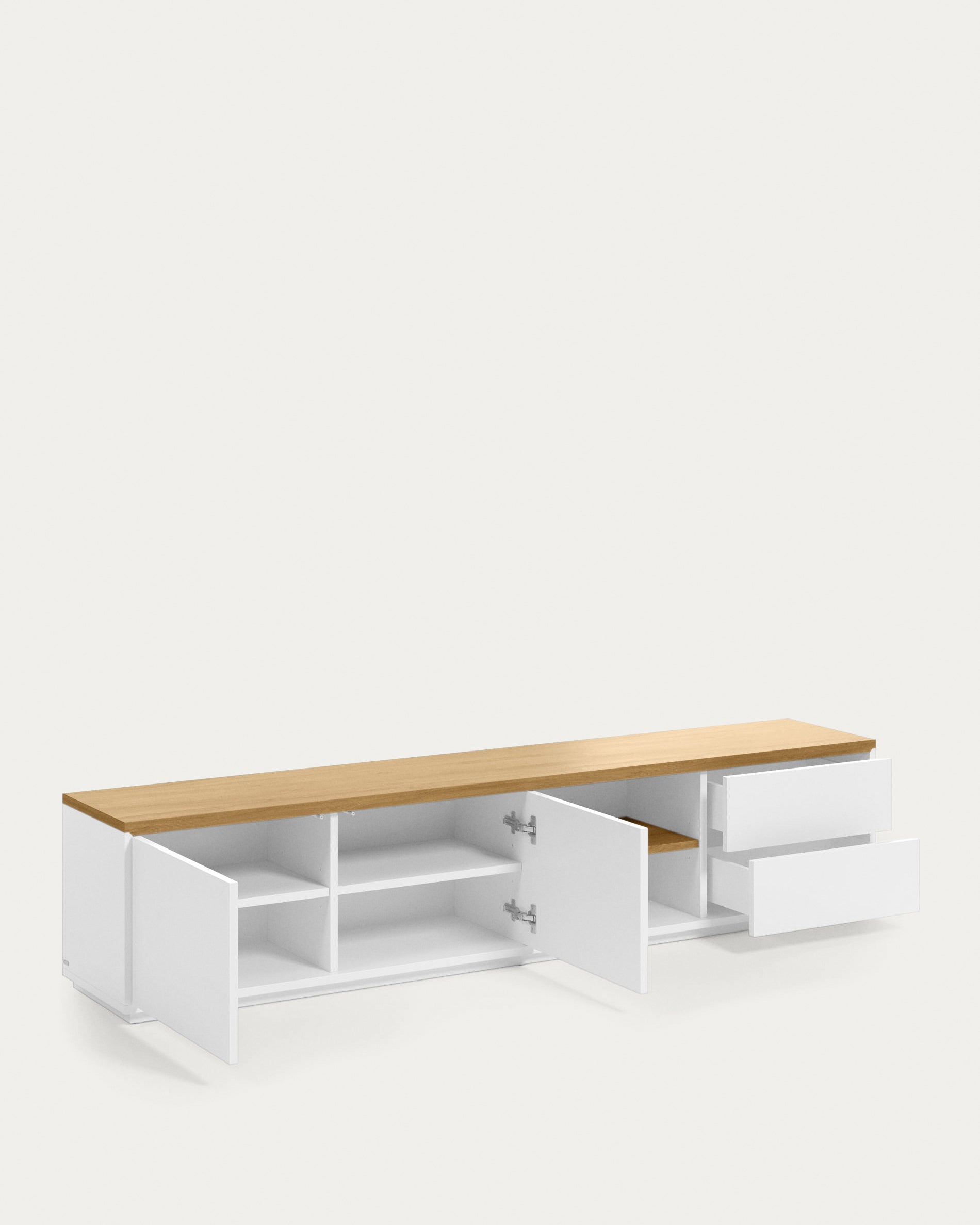 Abilen oak wood veneer TV stand with 2 doora and 2 drawers in white lacquer, 200 x 44 cm FSC 100% - Product View