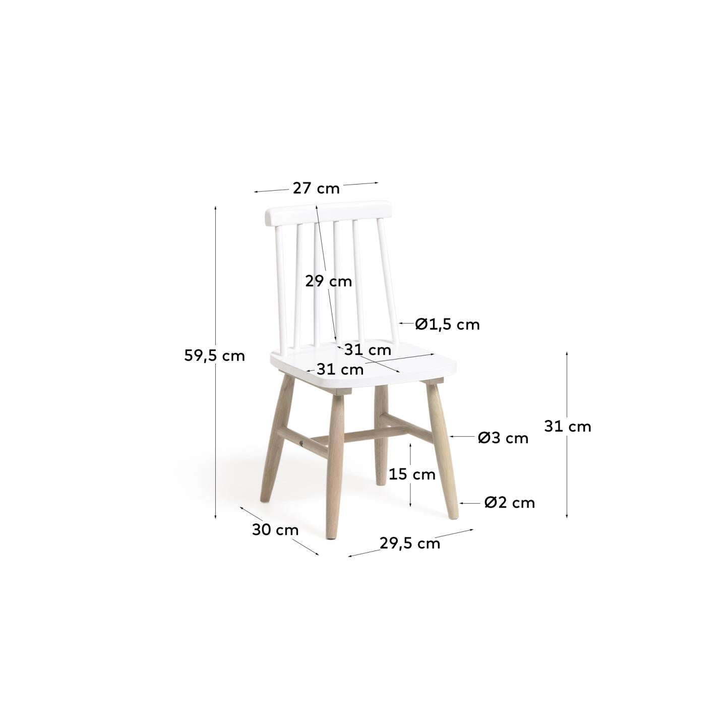 Tressia kids chair in solid rubber wood with white and natural finish - Measurements