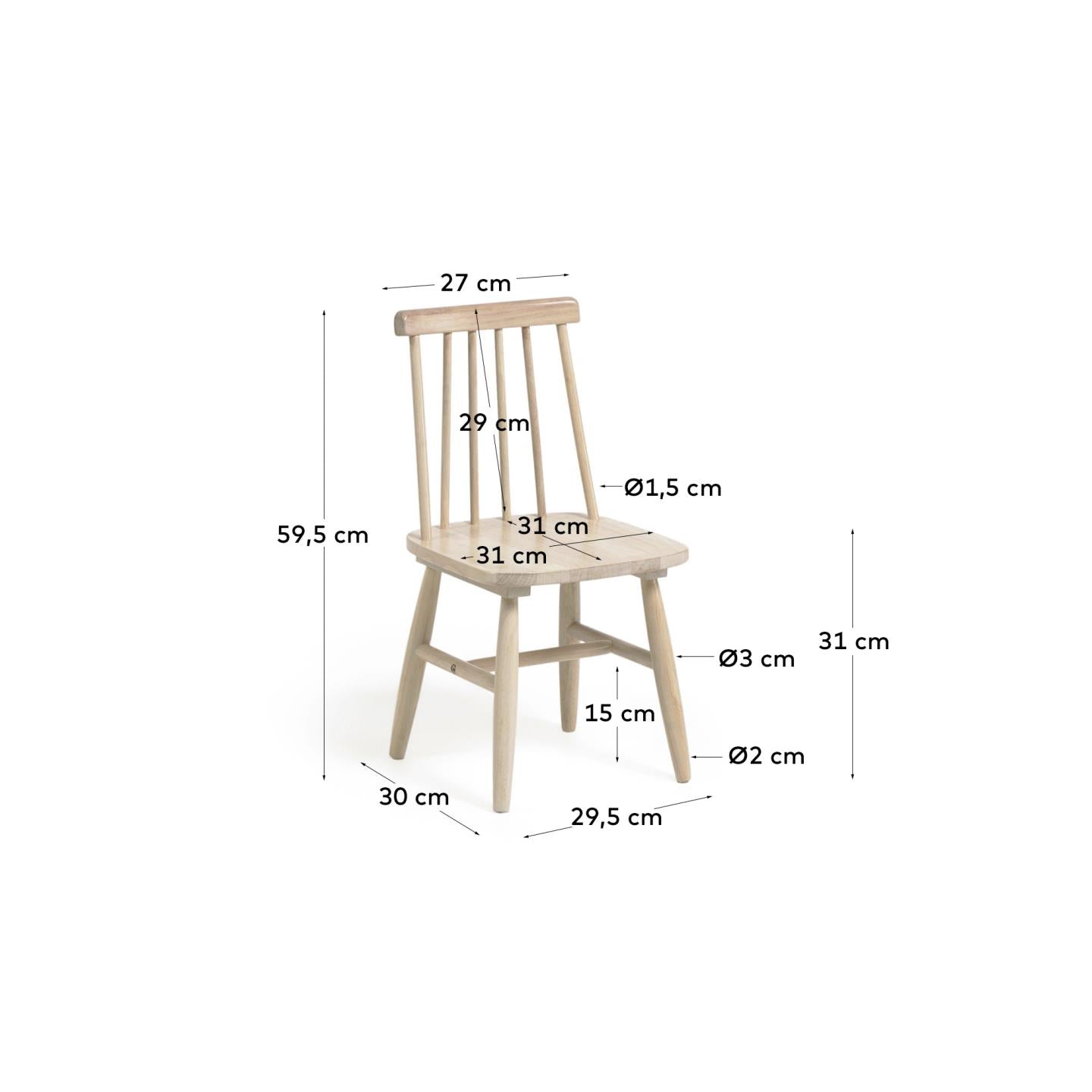 Tressia kids chair in solid rubber wood with natural finish - Measurements