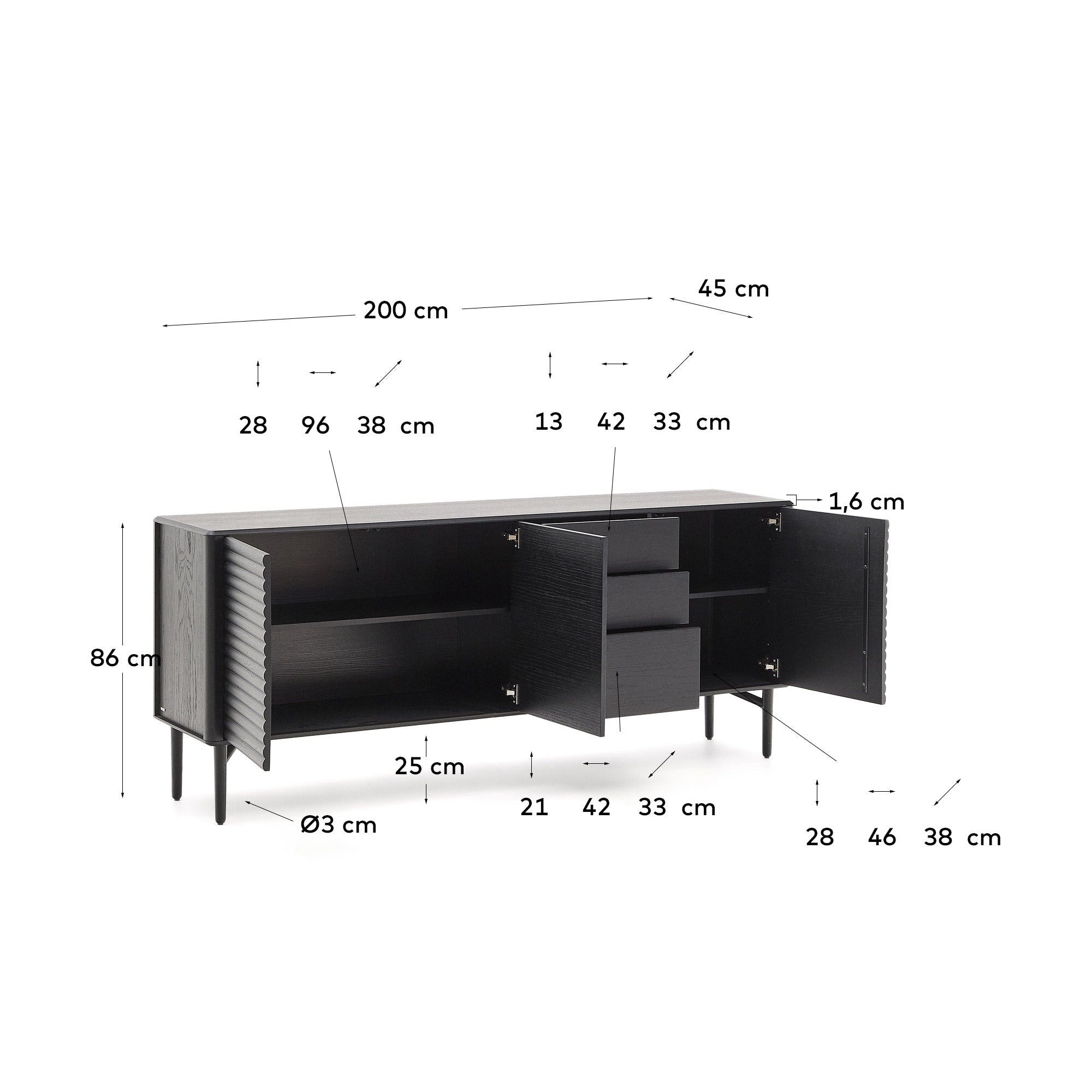 Lenon sideboard 3 doors and 3 drawers solid wood and black oak veneer 200x86cm FSC Mix Credit - Measurements