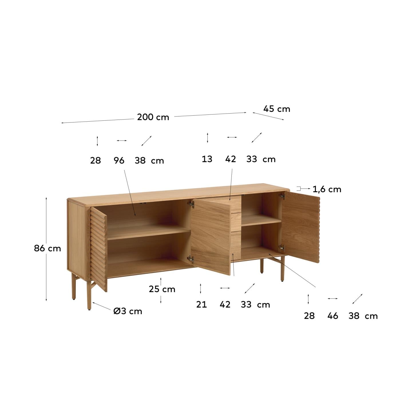 Lenon oak wood and veneer sideboard with 3 doors & 3 drawers, 200 x 86 cm FSC MIX Credit - Measurements