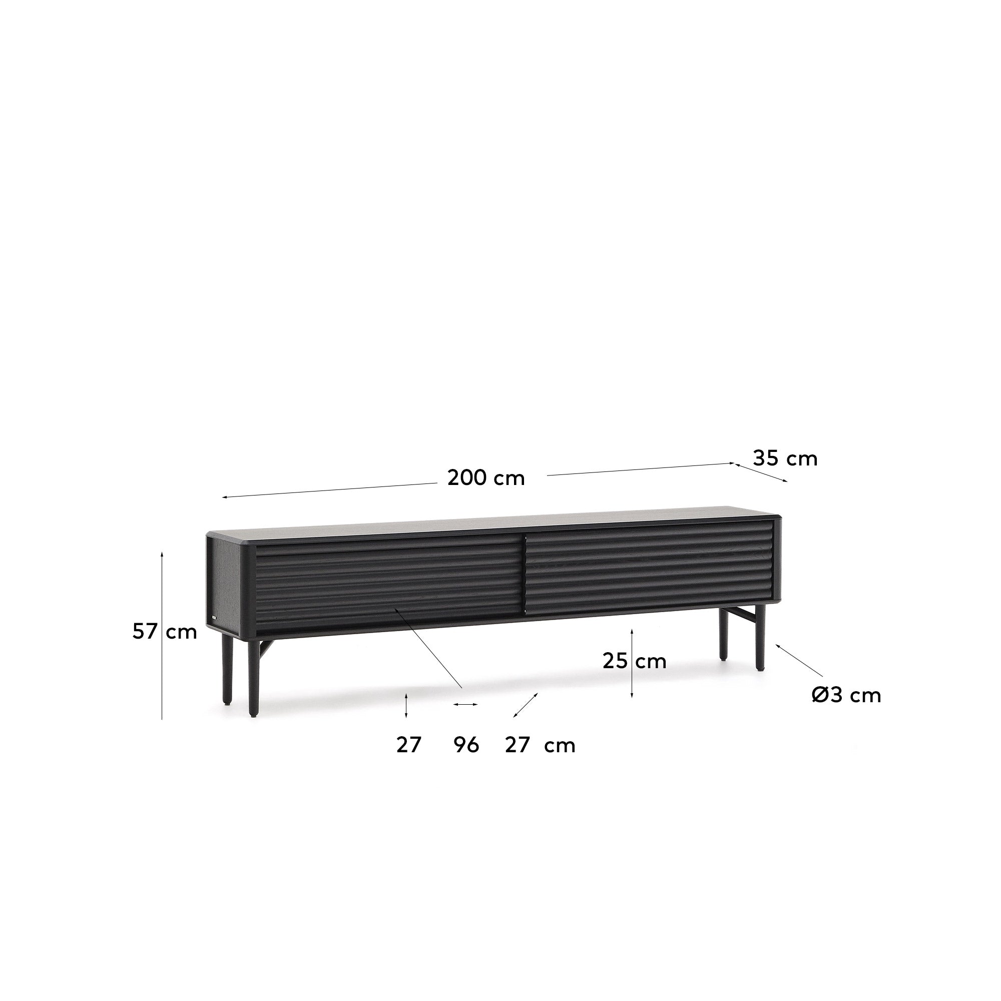 Lenon TV cabinet, 2 doors in solid wood and black oak veneer 200x57 cm FSC Mix Credit - Measurements