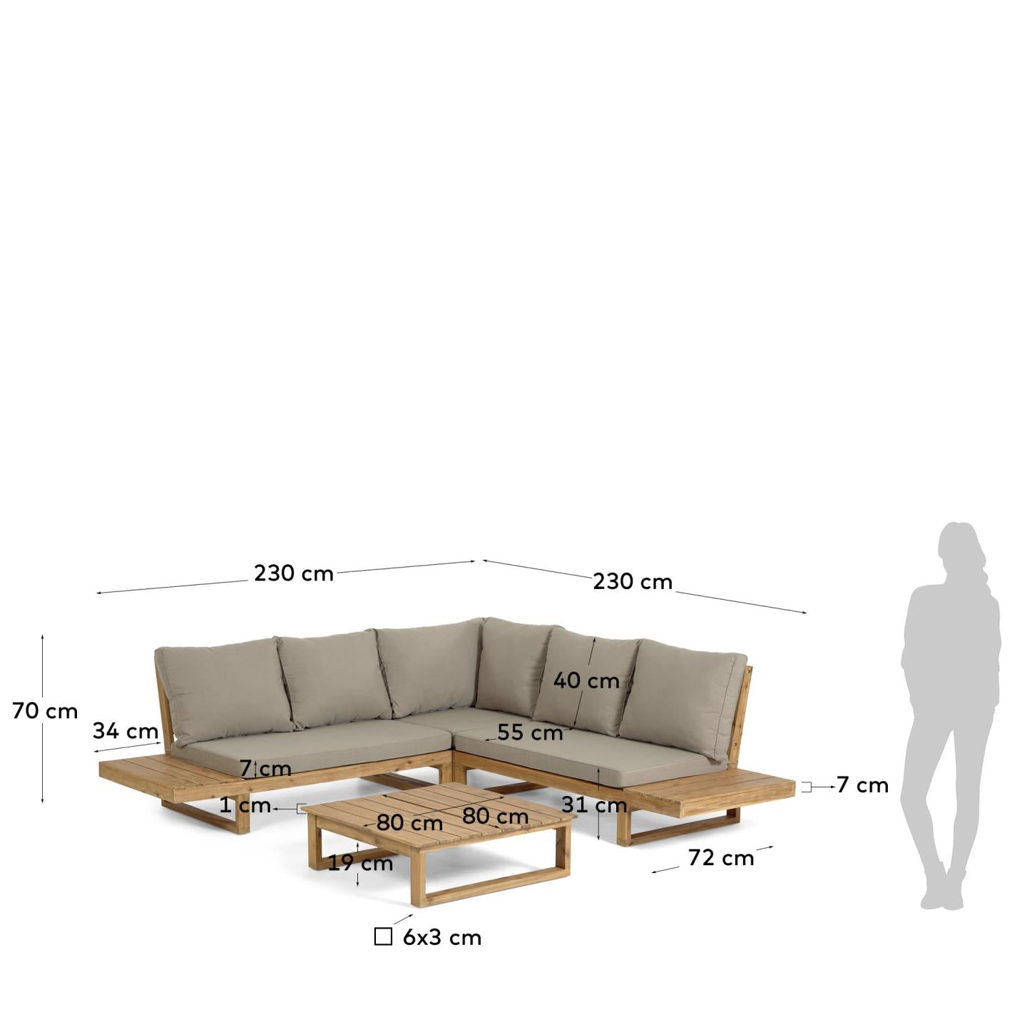 Flaviina 5 seater solid acacia wood corner sofa set with table - Measurements