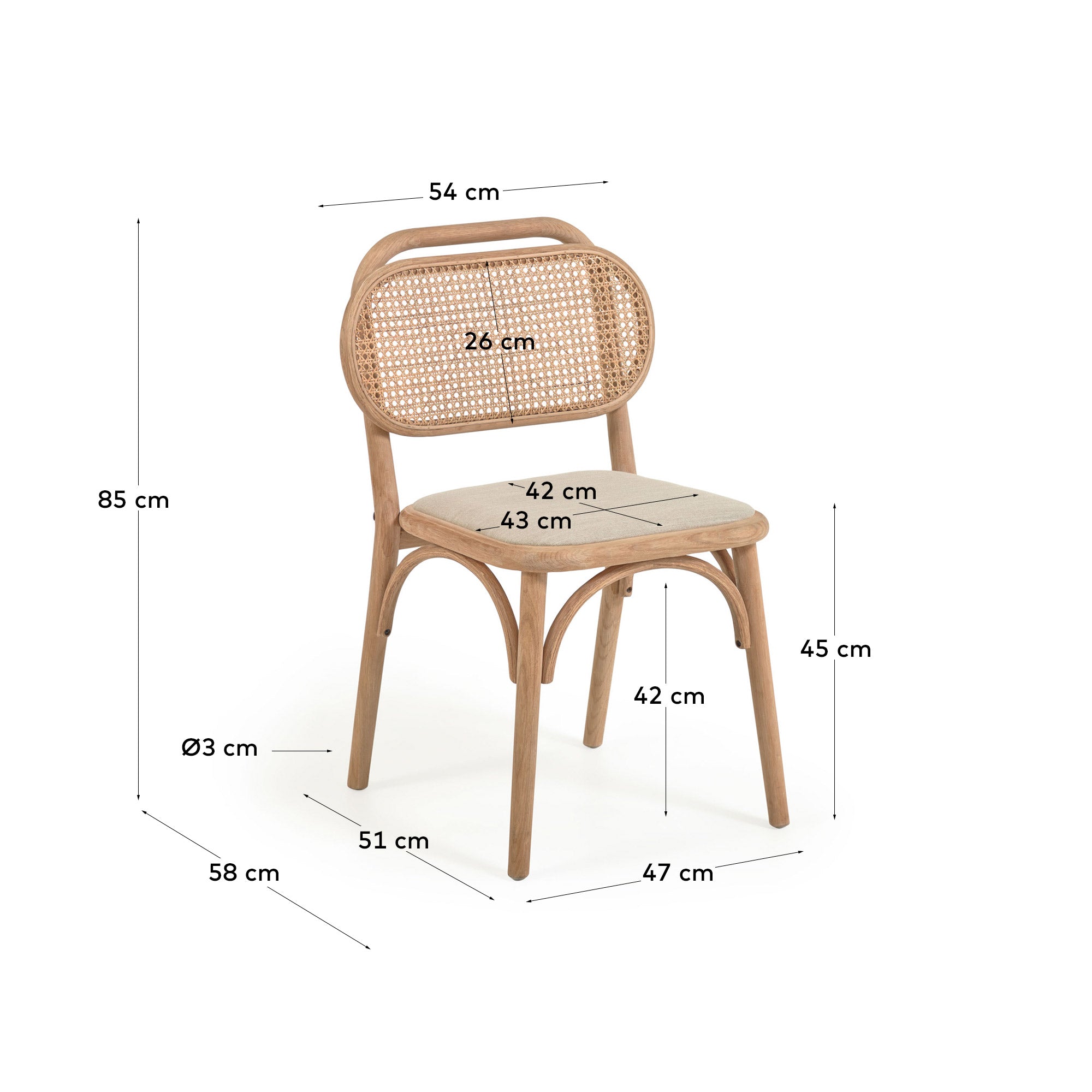 Doriane solid oak chair with natural finish and upholstered seat FSC Mix Credit - Measurements