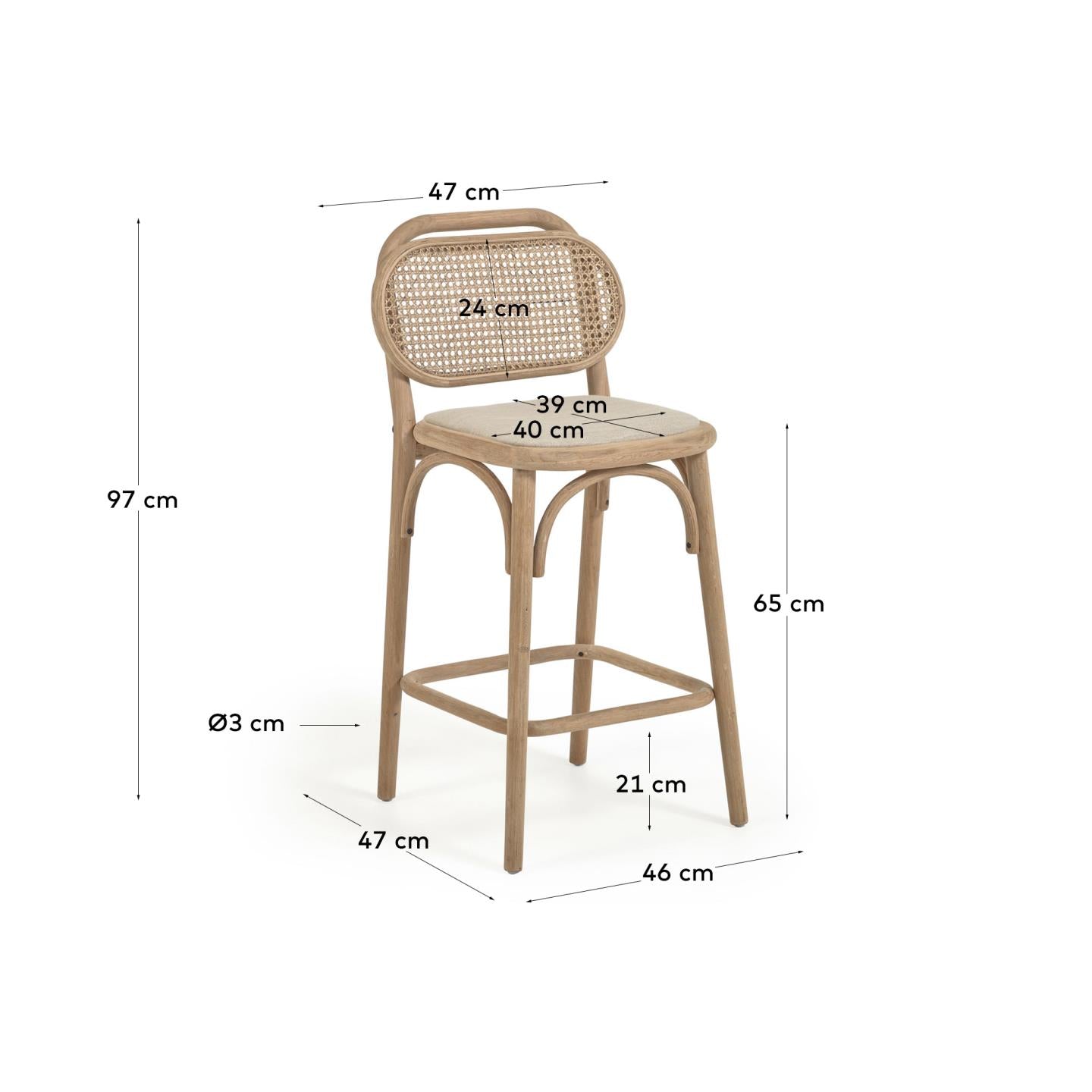Doriane 65 cm height solid oak stool with natural finish and upholstered seat FSC Mix Credit - Measurements